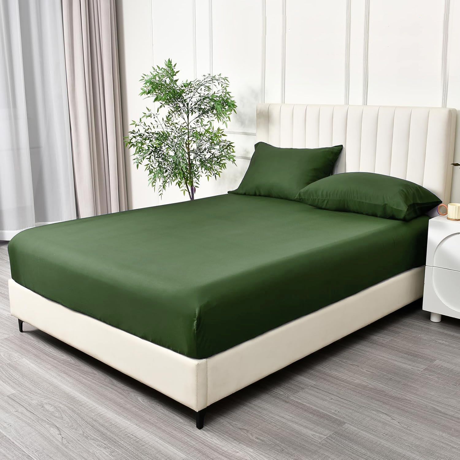 3 Piece Fitted Sheet Set- Fitted Sheet & Pillowcases -Breathable Bedding - Wrinkle, Fade, Stain Resistant- 40cm Deep Pocket Fitted Bed Sheet Set(Olive green,Double) - Image 2