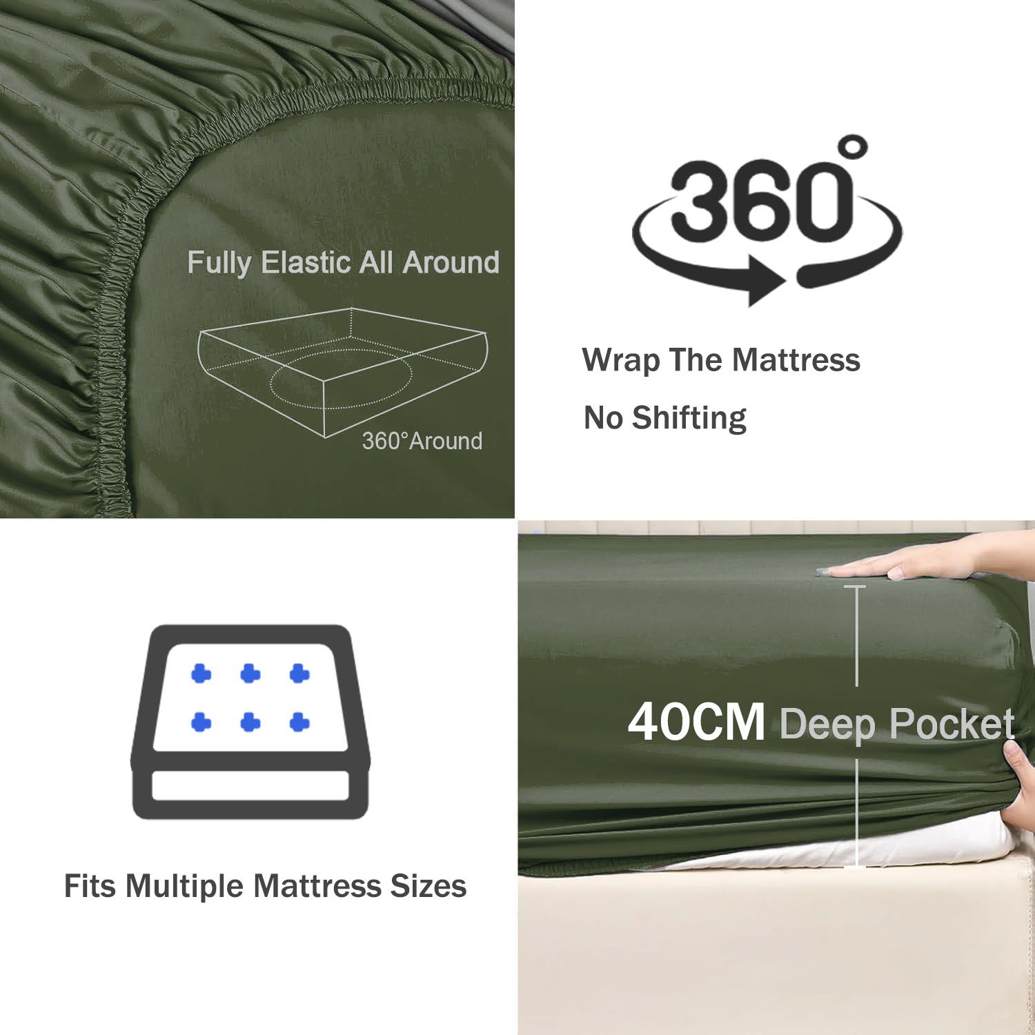 3 Piece Fitted Sheet Set- Fitted Sheet & Pillowcases -Breathable Bedding - Wrinkle, Fade, Stain Resistant- 40cm Deep Pocket Fitted Bed Sheet Set(Olive green,Double) - Image 3