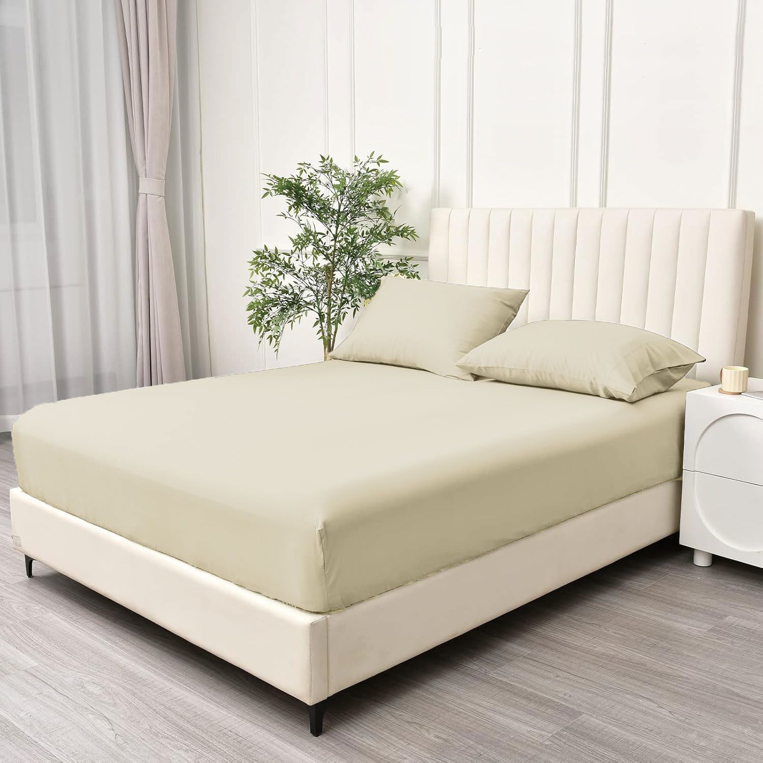 3 Piece Fitted Sheet Set- Fitted Sheet & Pillowcases -Breathable Bedding - Wrinkle, Fade, Stain Resistant- 40cm Deep Pocket Fitted Bed Sheet Set(Cream White,Double) - Image 2
