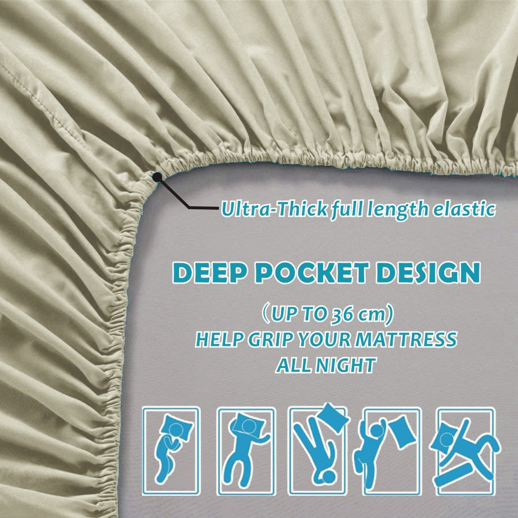 3 Piece Fitted Sheet Set- Fitted Sheet & Pillowcases -Breathable Bedding - Wrinkle, Fade, Stain Resistant- 40cm Deep Pocket Fitted Bed Sheet Set(Cream White,Double) - Image 5