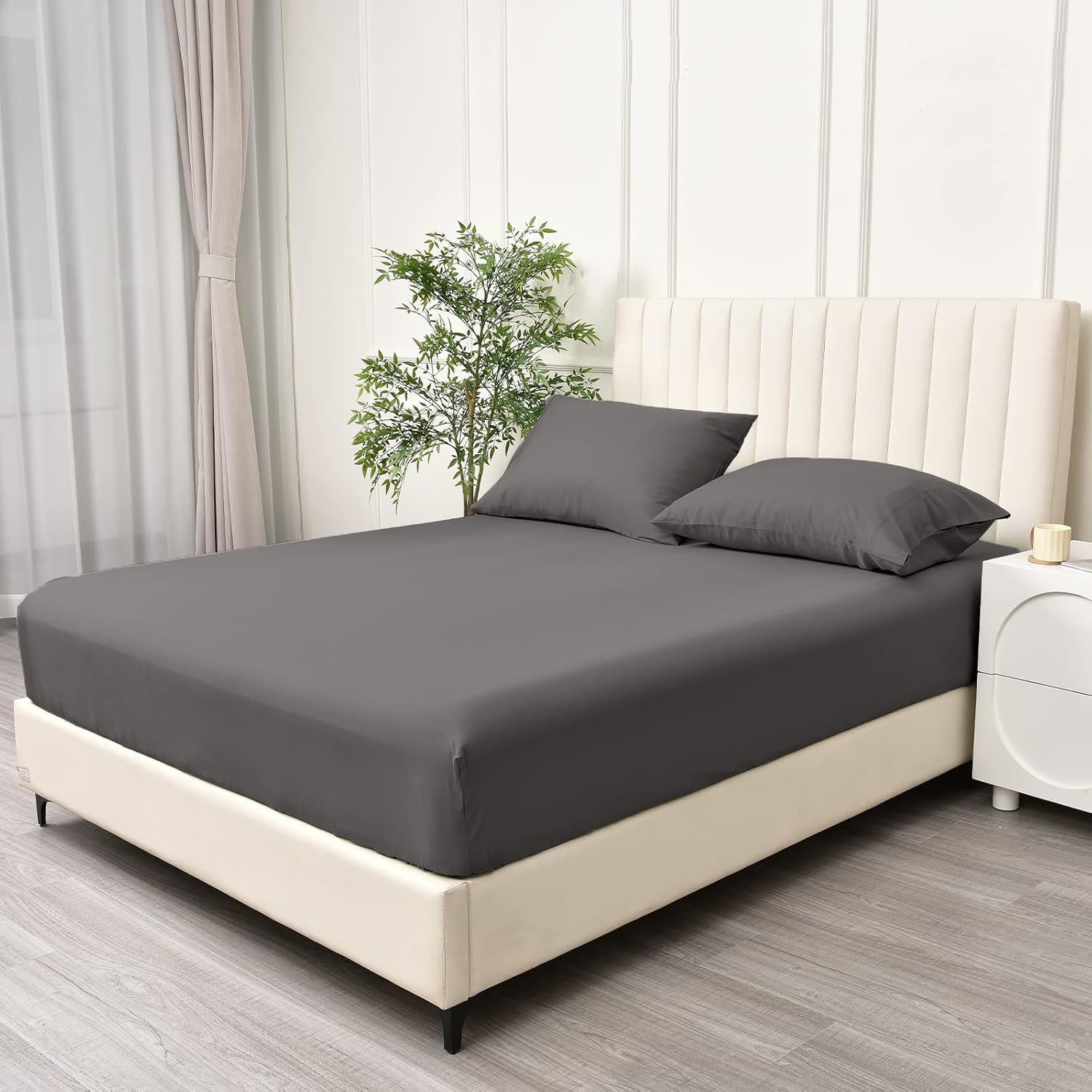 3 Piece Fitted Sheet Set- Fitted Sheet & Pillowcases -Breathable Bedding - Wrinkle, Fade, Stain Resistant- 40cm Deep Pocket Fitted Bed Sheet Set(Dark gray,Double) - Image 2