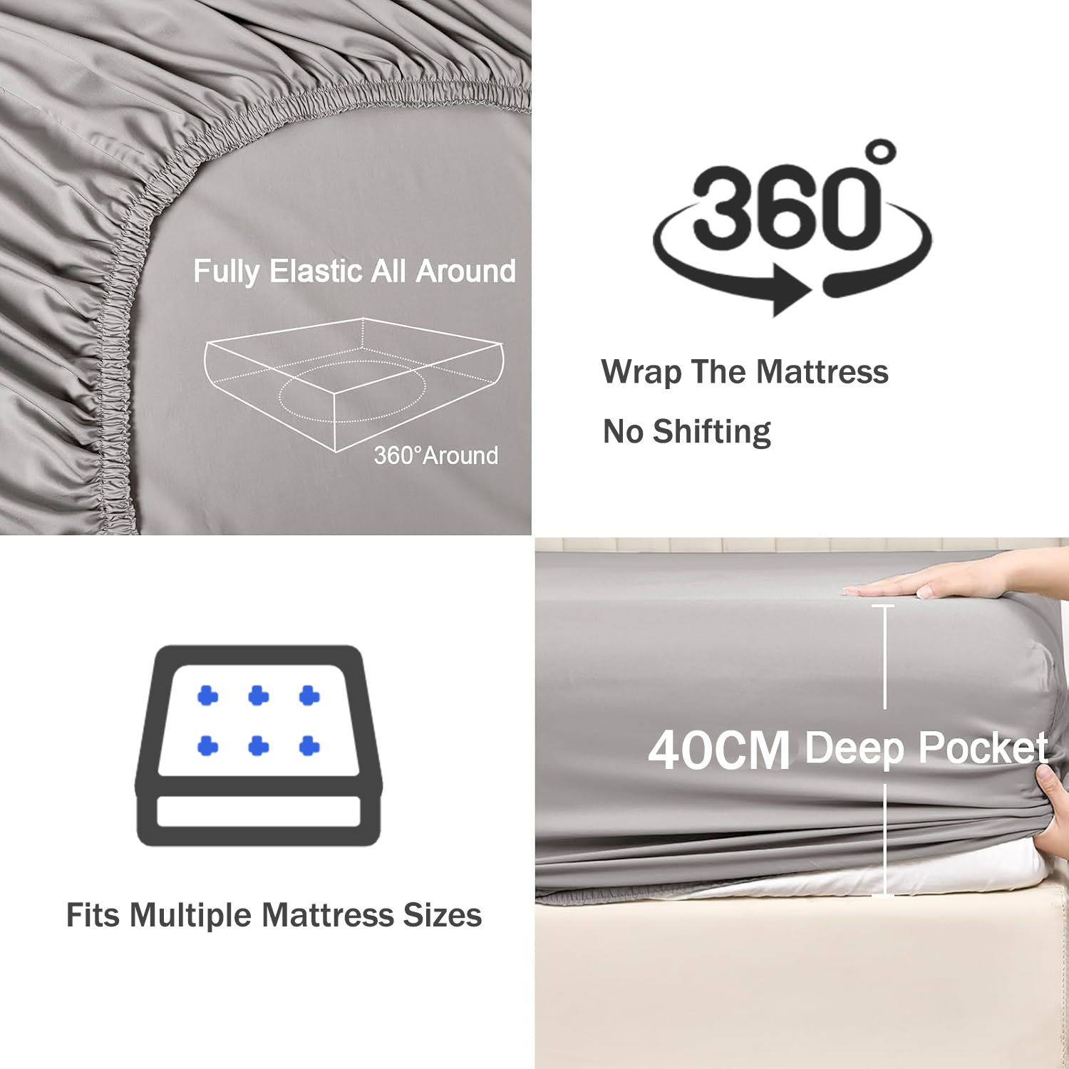 3 Piece Fitted Sheet Set- Fitted Sheet & Pillowcases -Breathable Bedding - Wrinkle, Fade, Stain Resistant- 40cm Deep Pocket Fitted Bed Sheet Set(Silver-gray,Double) - Image 3