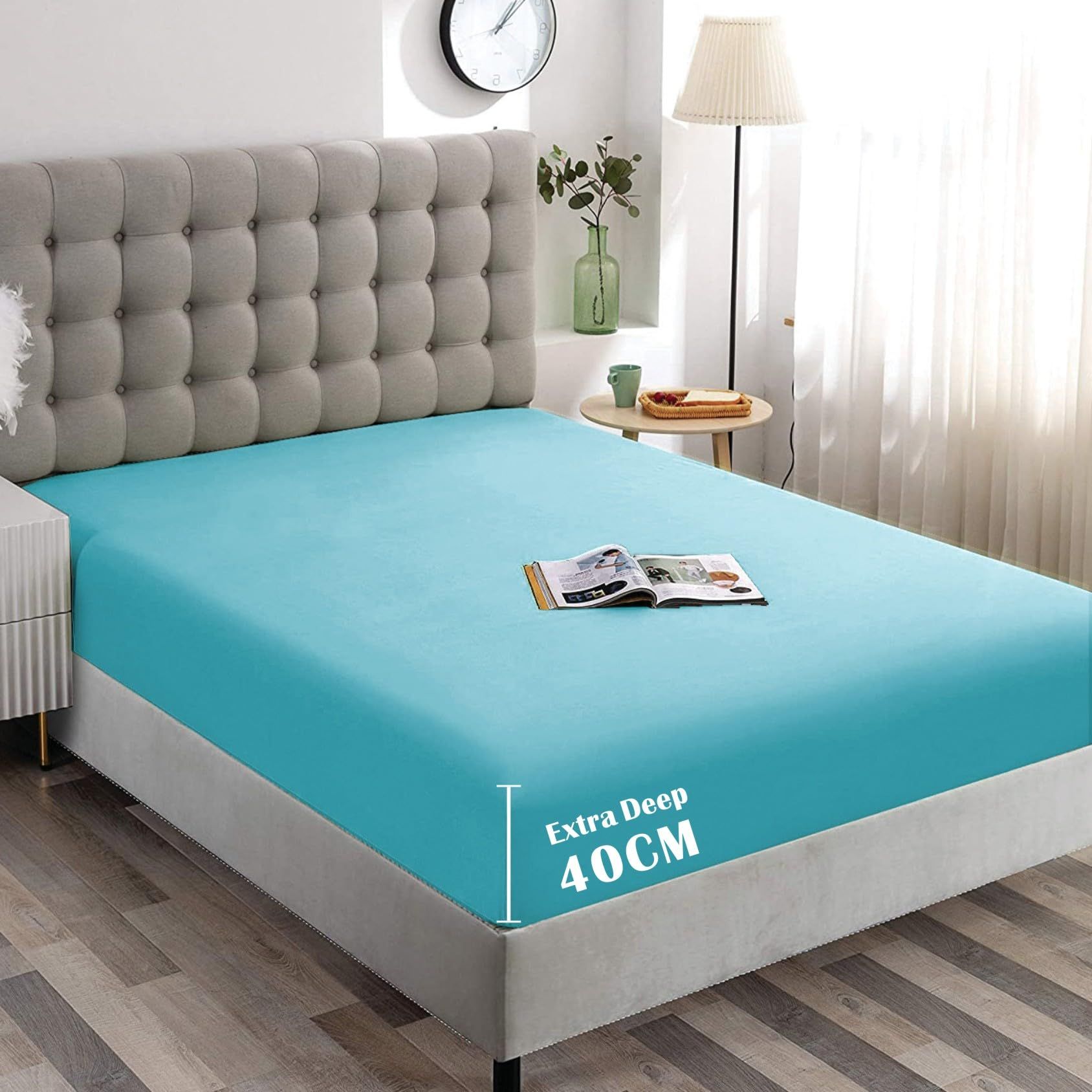Hotel Quality Fitted Sheet - 1 Piece Fitted Sheet  -Breathable Bedding - Wrinkle, Fade, Stain Resistant- 16inch/40cm Deep Pocket Fitted Bed Sheet-Wrinkle and Fade Resistant,(Ice blue,Double) - Image 1