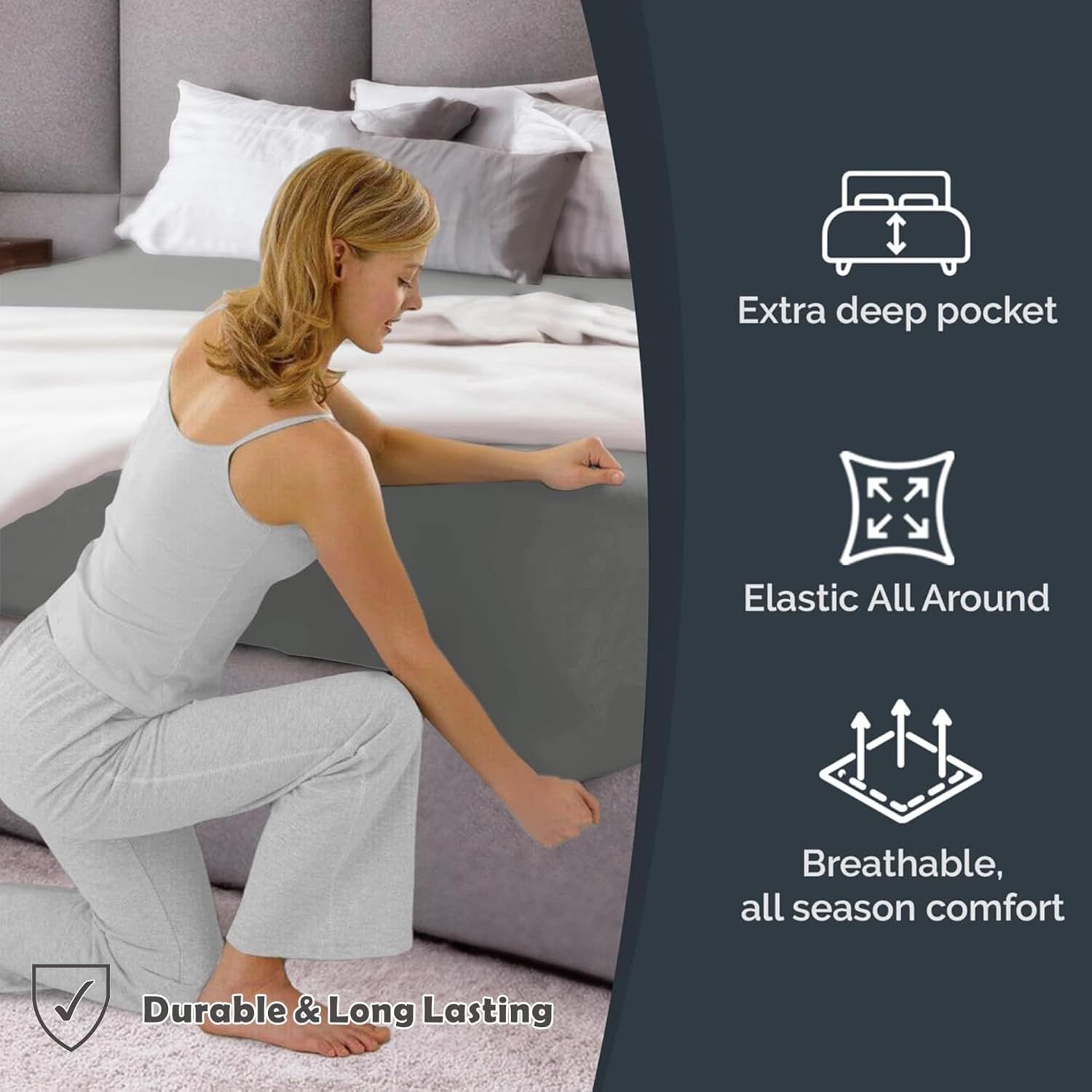 Hotel Quality Fitted Sheet - 1 Piece Fitted Sheet  -Breathable Bedding - Wrinkle, Fade, Stain Resistant- 16inch/40cm Deep Pocket Fitted Bed Sheet-Wrinkle and Fade Resistant,(Grey,Double) - Image 4