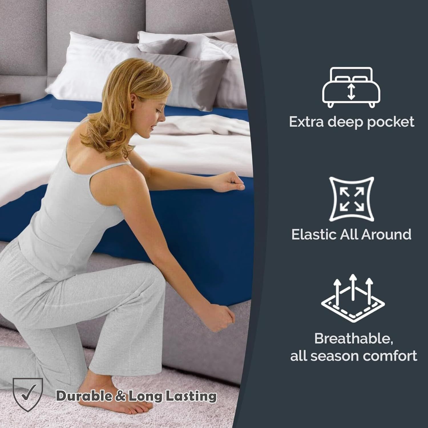 Hotel Quality Fitted Sheet - 1 Piece Fitted Sheet  -Breathable Bedding - Wrinkle, Fade, Stain Resistant- 16inch/40cm Deep Pocket Fitted Bed Sheet-Wrinkle and Fade Resistant,(Navy,Double) - Image 4
