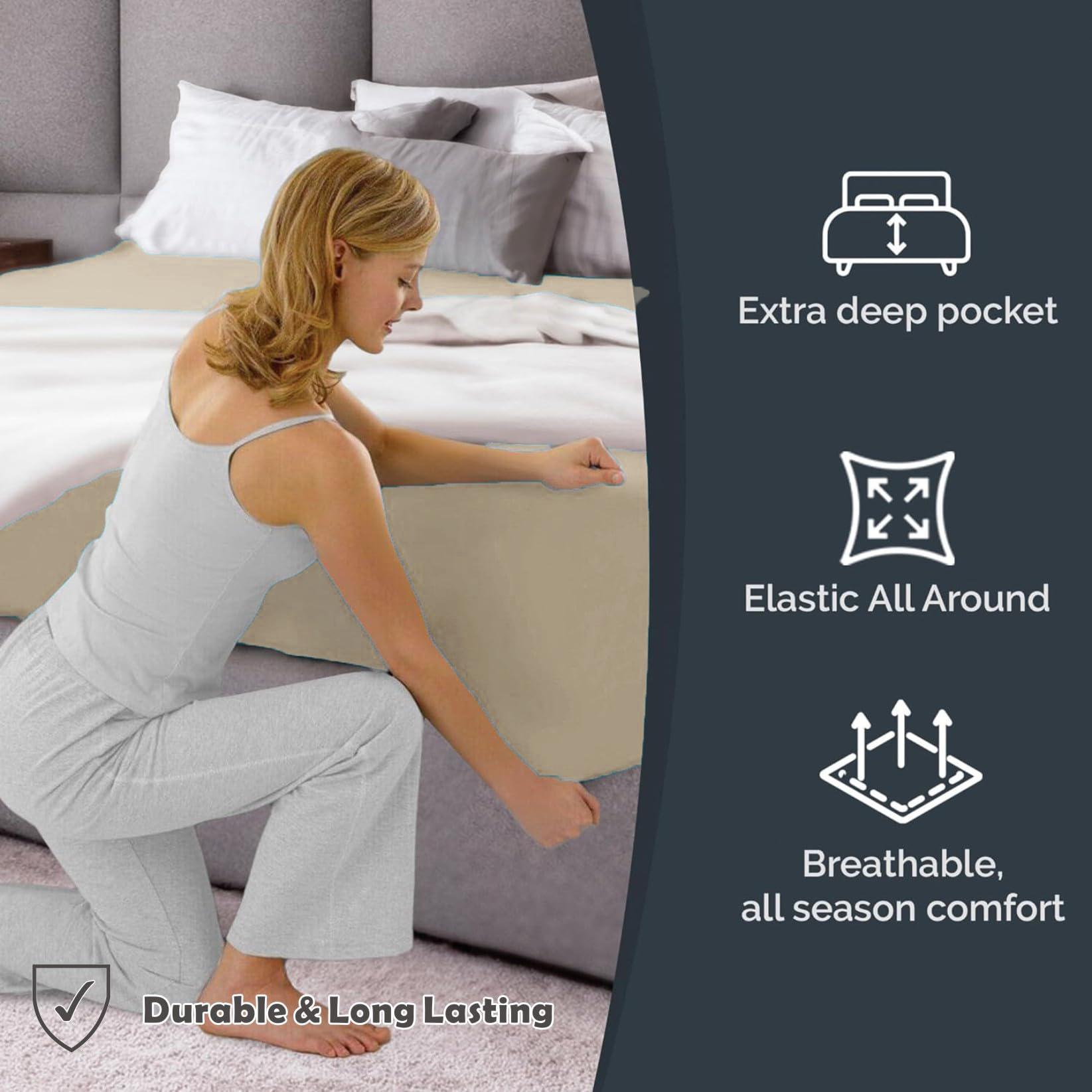 Hotel Quality Fitted Sheet - 1 Piece Fitted Sheet  -Breathable Bedding - Wrinkle, Fade, Stain Resistant- 16inch/40cm Deep Pocket Fitted Bed Sheet-Wrinkle and Fade Resistant,(Cream White,Double) - Image 5