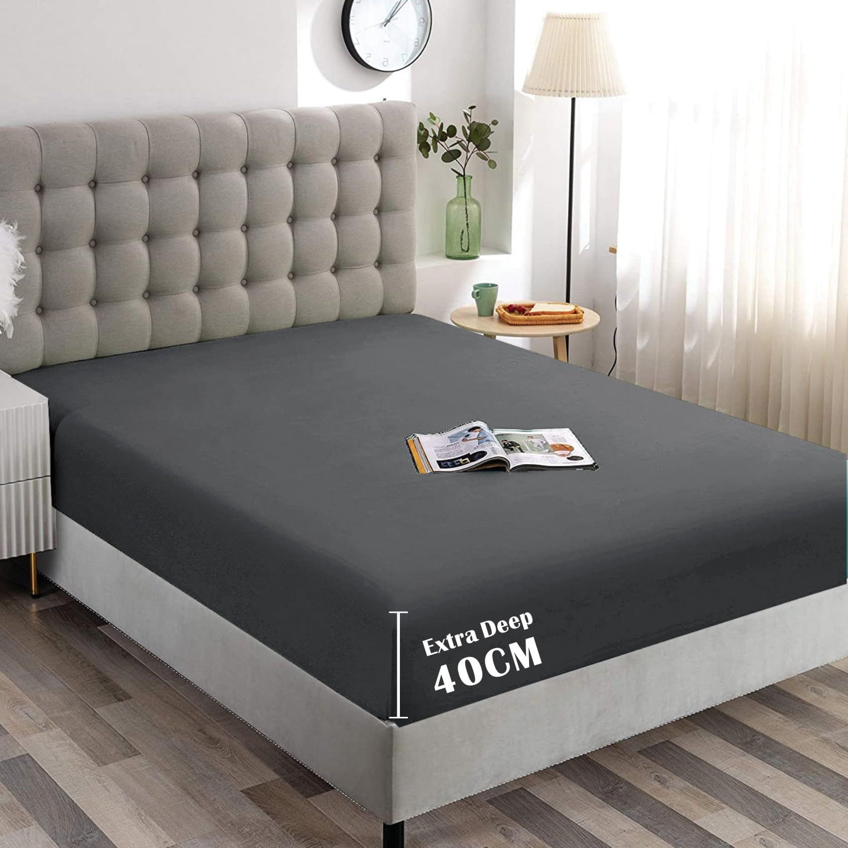 Hotel Quality Fitted Sheet - 1 Piece Fitted Sheet  -Breathable Bedding - Wrinkle, Fade, Stain Resistant- 16inch/40cm Deep Pocket Fitted Bed Sheet-Wrinkle and Fade Resistant,(Dark gray,Double) - Image 1