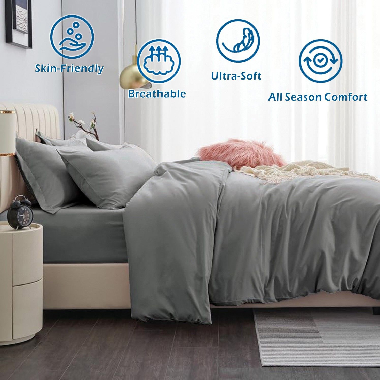 3 Piece Hotel Soft Microfiber Quilt Cover Set-2000TC Duvet/Donna Cover Set & Pillowcases -1 Quilt Cover Zipper Closure & 1 x Pillowcases-Breathable Bedding - Wrinkle, Fade, Stain Resistant(Grey,King) - Image 2