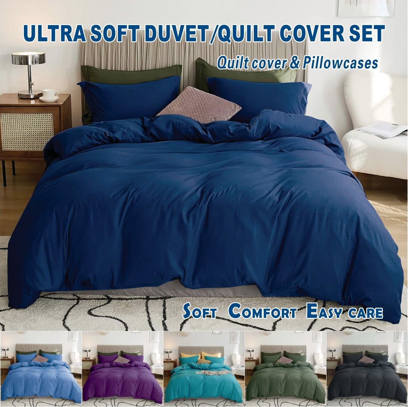 3 Piece Hotel Soft Microfiber Quilt Cover Set-2000TC Duvet/Donna Cover Set & Pillowcases -1 Quilt Cover Zipper Closure & 1 x Pillowcases-Breathable Bedding - Wrinkle, Fade, Stain Resistant(Navy,King) - Image 1