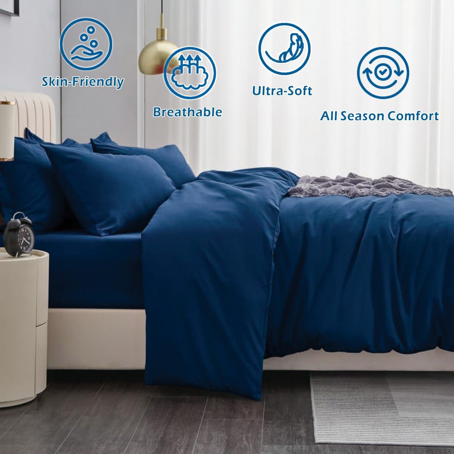 3 Piece Hotel Soft Microfiber Quilt Cover Set-2000TC Duvet/Donna Cover Set & Pillowcases -1 Quilt Cover Zipper Closure & 1 x Pillowcases-Breathable Bedding - Wrinkle, Fade, Stain Resistant(Navy,King) - Image 2