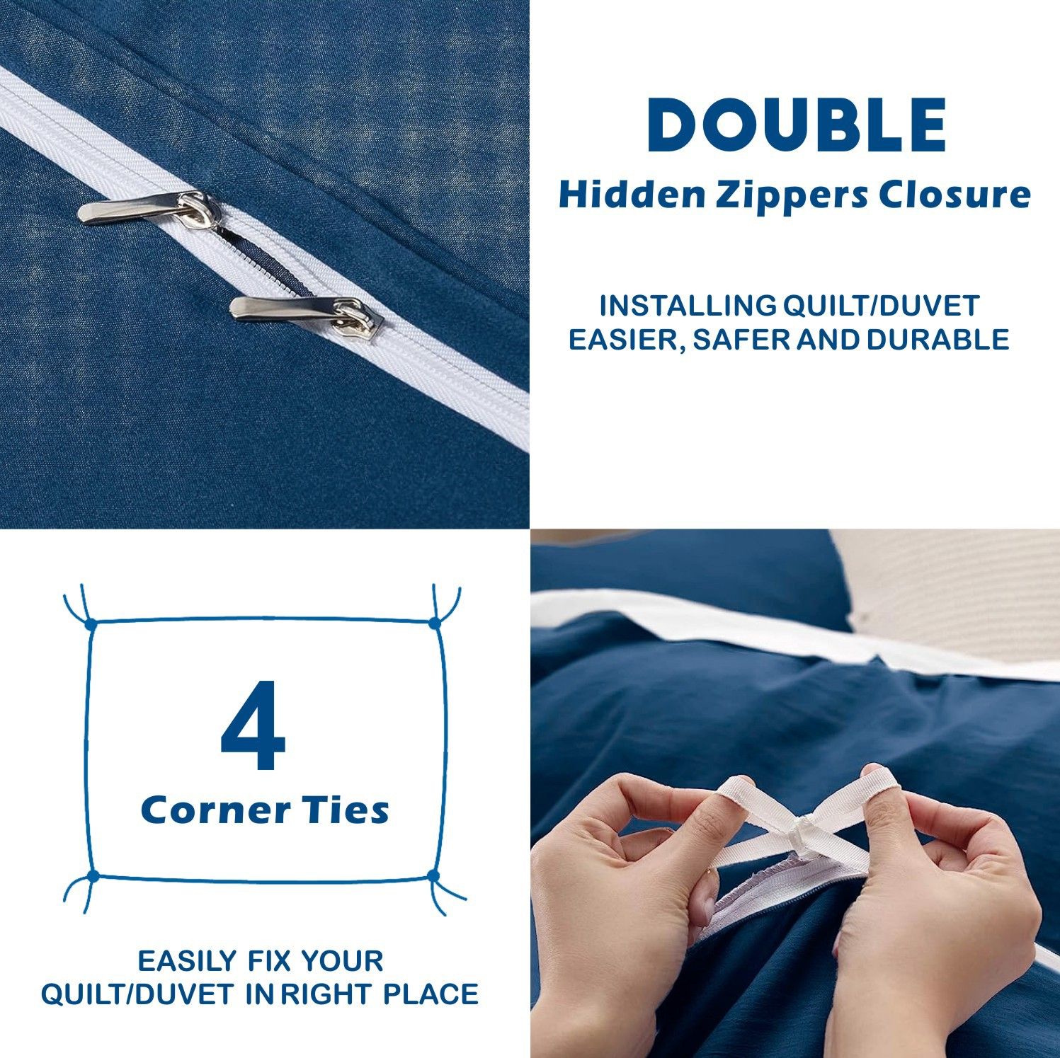 3 Piece Hotel Soft Microfiber Quilt Cover Set-2000TC Duvet/Donna Cover Set & Pillowcases -1 Quilt Cover Zipper Closure & 1 x Pillowcases-Breathable Bedding - Wrinkle, Fade, Stain Resistant(Navy,King) - Image 3