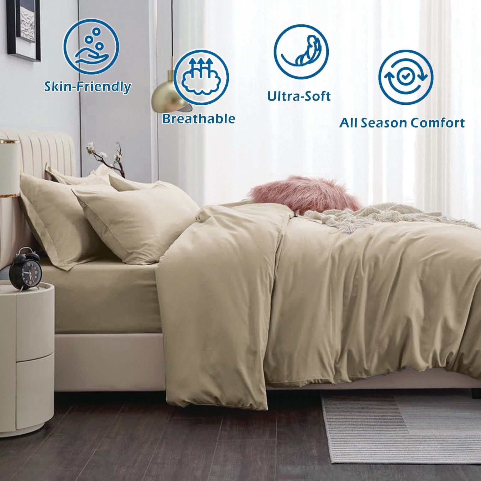 3 Piece Hotel Soft Microfiber Quilt Cover Set-2000TC Duvet/Donna Cover Set & Pillowcases -1 Quilt Cover Zipper Closure & 1 x Pillowcases-Breathable Bedding - Wrinkle, Fade, Stain Resistant(Camel Beige,King) - Image 2