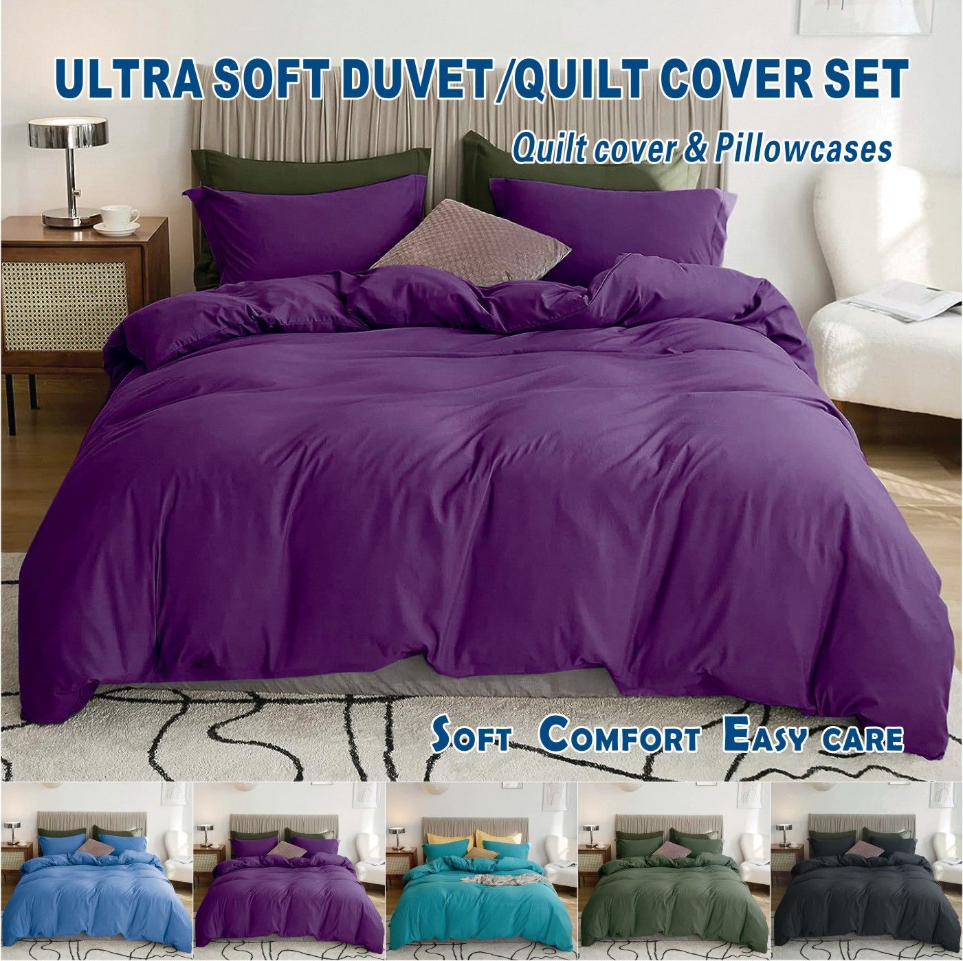 3 Piece Hotel Soft Microfiber Quilt Cover Set-2000TC Duvet/Donna Cover Set & Pillowcases -1 Quilt Cover Zipper Closure & 1 x Pillowcases-Breathable Bedding - Wrinkle, Fade, Stain Resistant(Purple,King) - Image 1