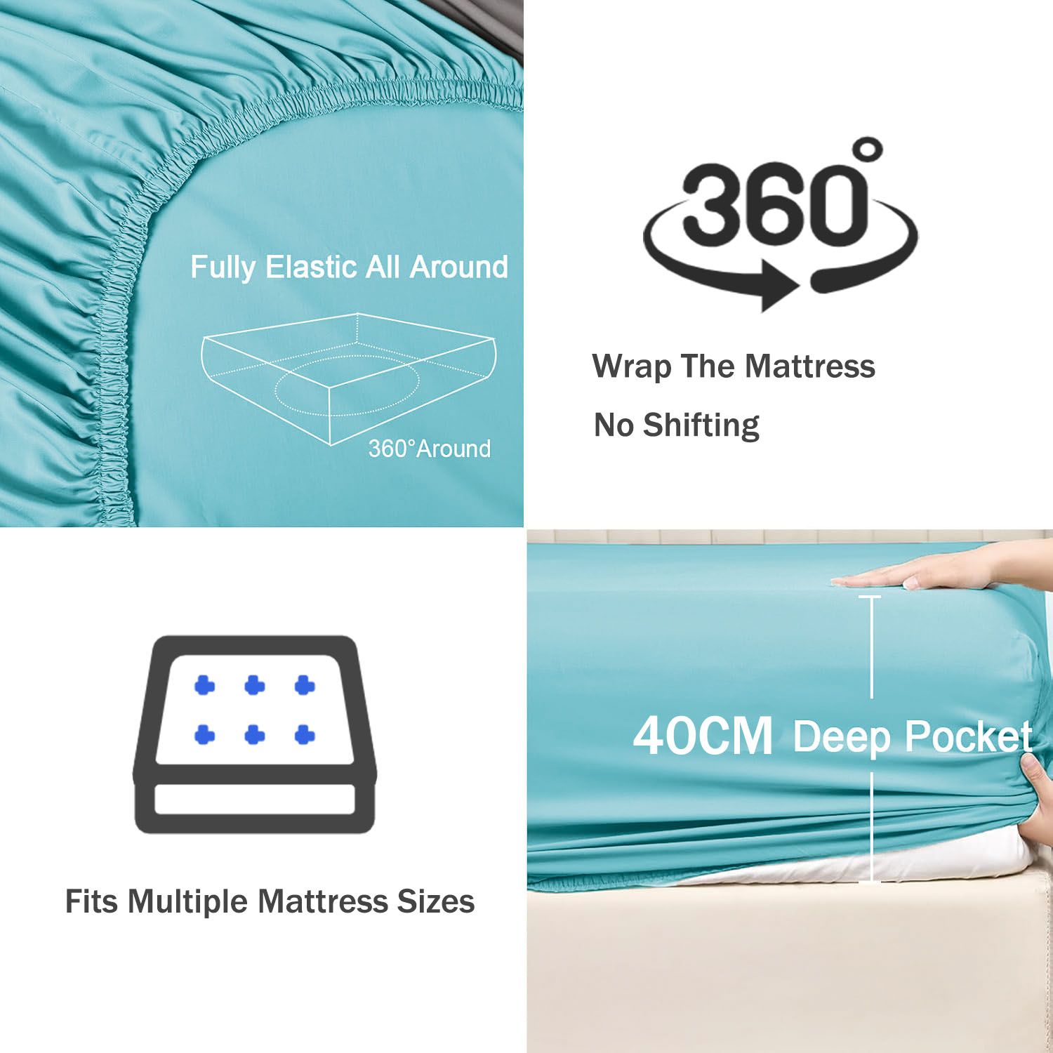 3 Piece Fitted Sheet Set- Fitted Sheet & Pillowcases -Breathable Bedding - Wrinkle, Fade, Stain Resistant- 40cm Deep Pocket Fitted Bed Sheet Set(Ice blue,King) - Image 3