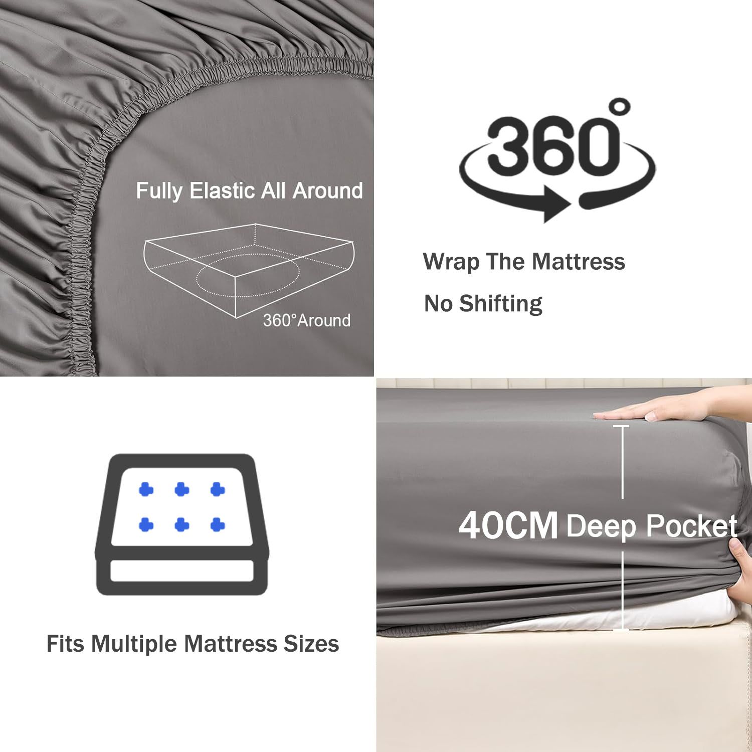3 Piece Fitted Sheet Set- Fitted Sheet & Pillowcases -Breathable Bedding - Wrinkle, Fade, Stain Resistant- 40cm Deep Pocket Fitted Bed Sheet Set(Grey,King) - Image 3