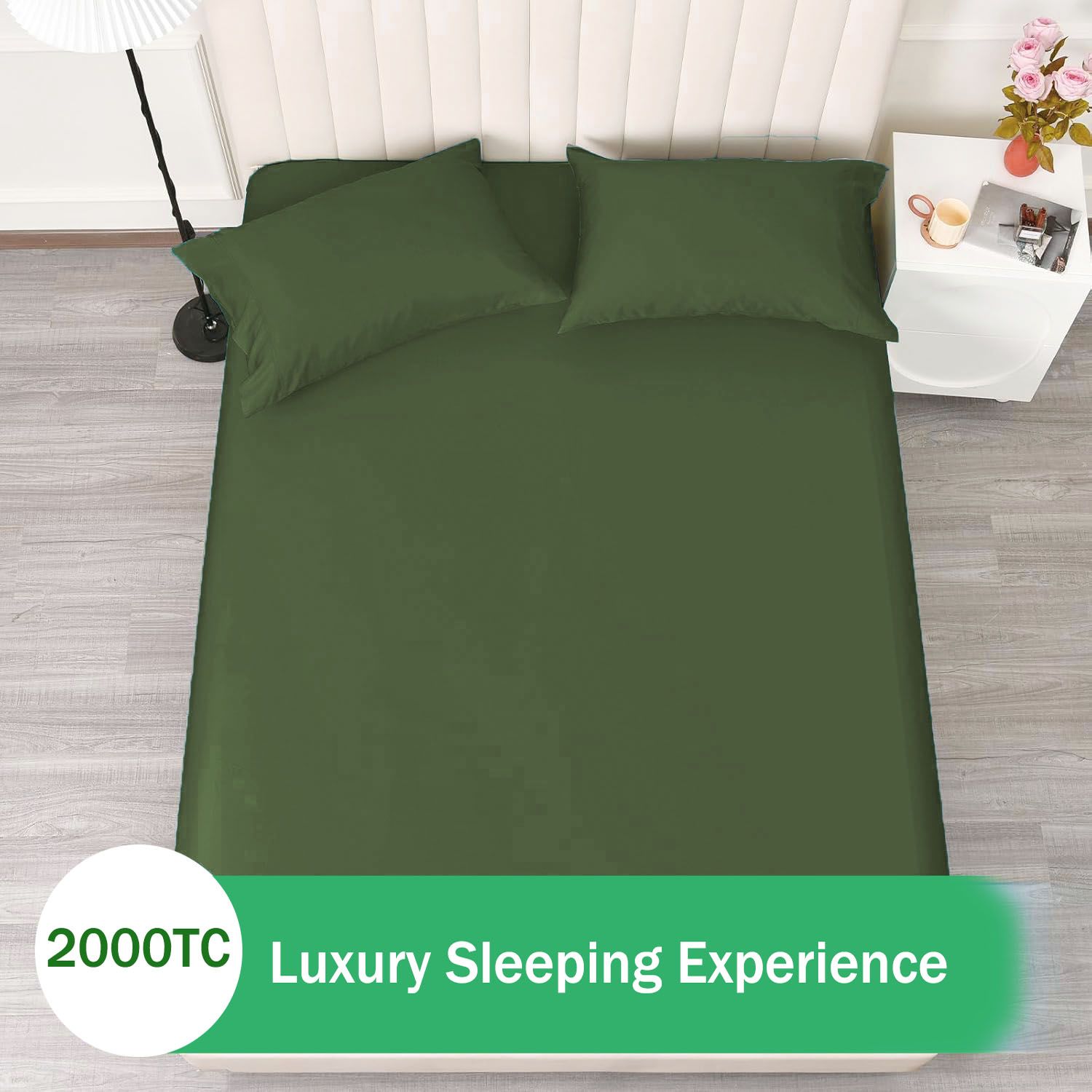 3 Piece Fitted Sheet Set- Fitted Sheet & Pillowcases -Breathable Bedding - Wrinkle, Fade, Stain Resistant- 40cm Deep Pocket Fitted Bed Sheet Set(Olive green,King) - Image 6