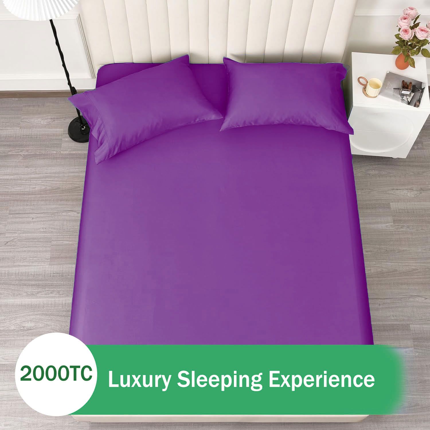 3 Piece Fitted Sheet Set- Fitted Sheet & Pillowcases -Breathable Bedding - Wrinkle, Fade, Stain Resistant- 40cm Deep Pocket Fitted Bed Sheet Set(Purple,King) - Image 6
