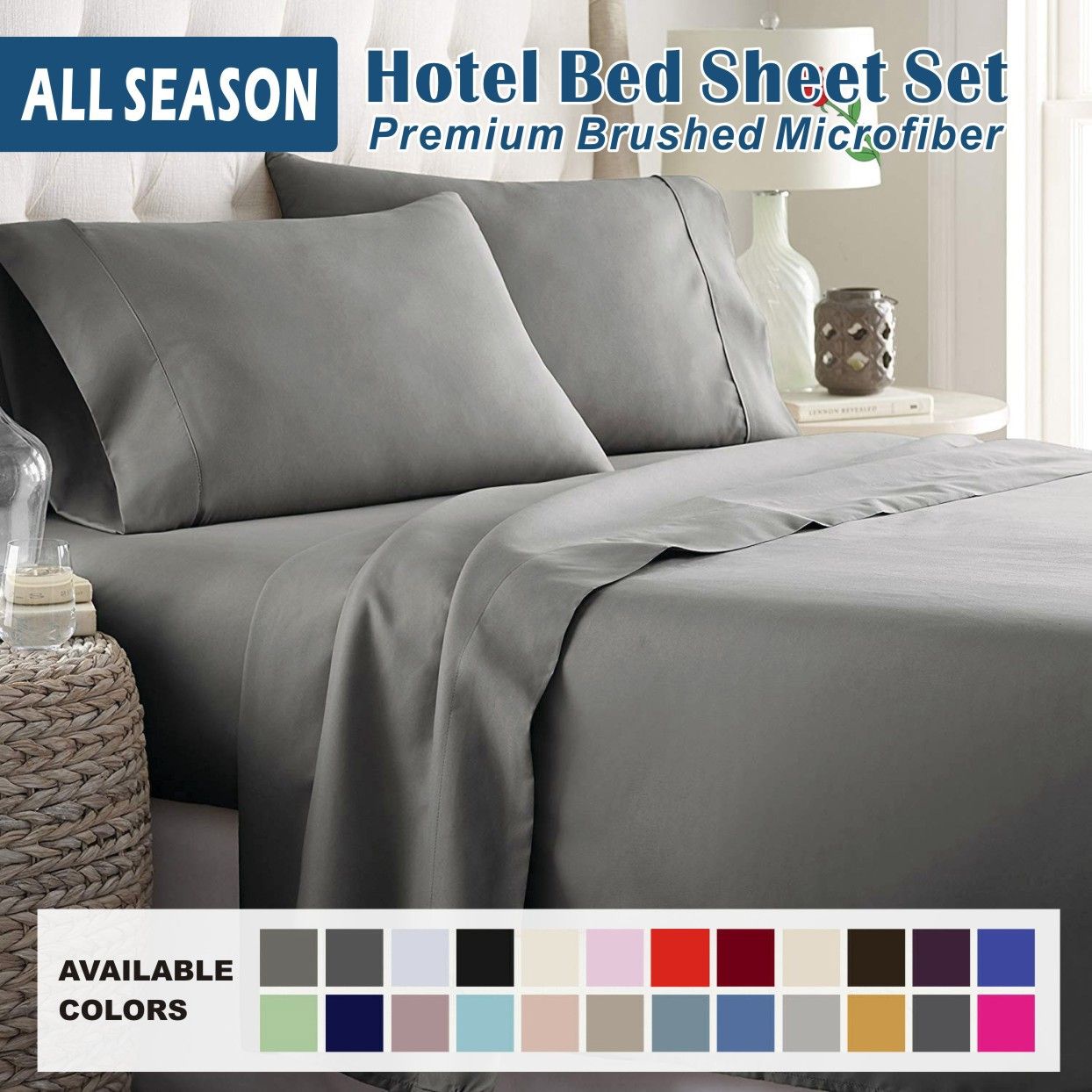 4 Piece Bed Sheet Set- Bedding Sheets & Pillowcases -Breathable Bedding - Wrinkle, Fade, Stain Resistant-Deep Pocket Flat Fitted Bed Sheet Set(Grey,King) - Image 1