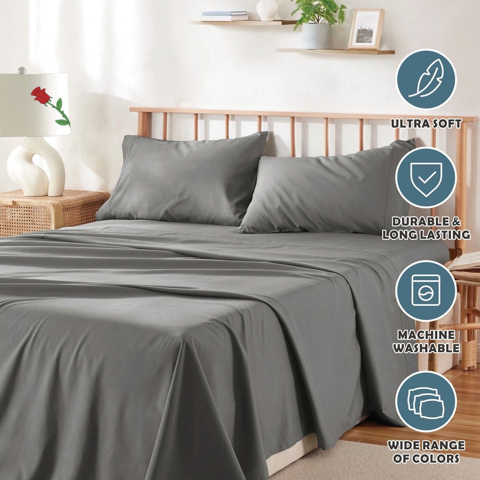 4 Piece Bed Sheet Set- Bedding Sheets & Pillowcases -Breathable Bedding - Wrinkle, Fade, Stain Resistant-Deep Pocket Flat Fitted Bed Sheet Set(Grey,King) - Image 7