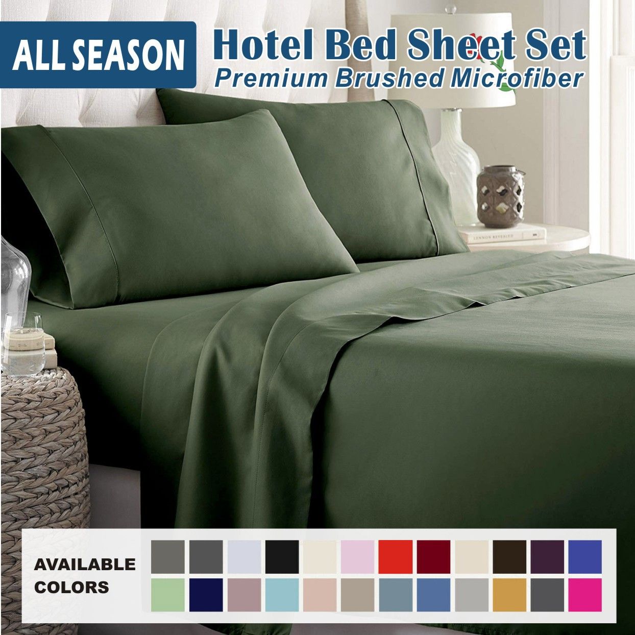 4 Piece Bed Sheet Set- Bedding Sheets & Pillowcases -Breathable Bedding - Wrinkle, Fade, Stain Resistant-Deep Pocket Flat Fitted Bed Sheet Set(Olive green,King) - Image 1