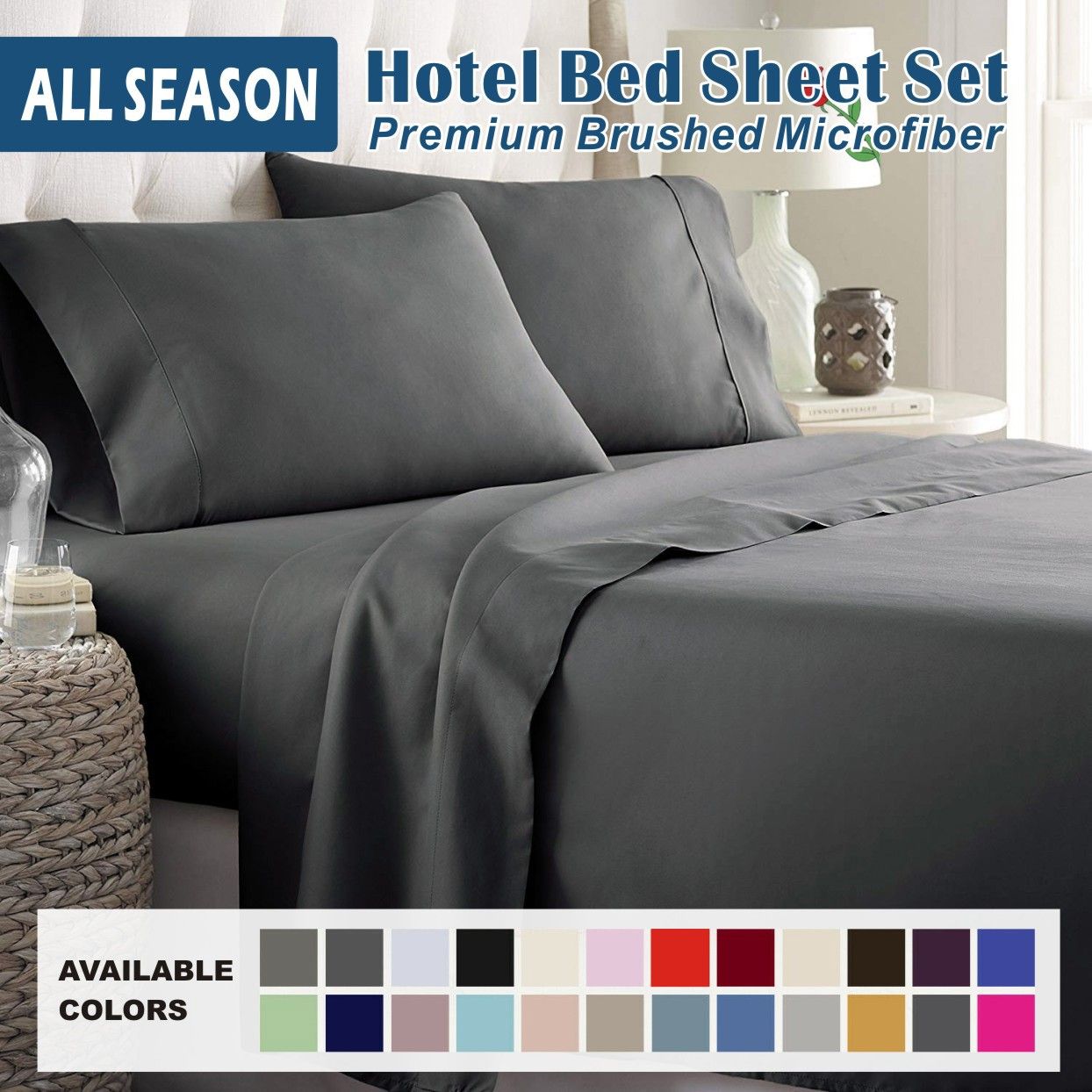 4 Piece Bed Sheet Set- Bedding Sheets & Pillowcases -Breathable Bedding - Wrinkle, Fade, Stain Resistant-Deep Pocket Flat Fitted Bed Sheet Set(Dark gray,King) - Image 1