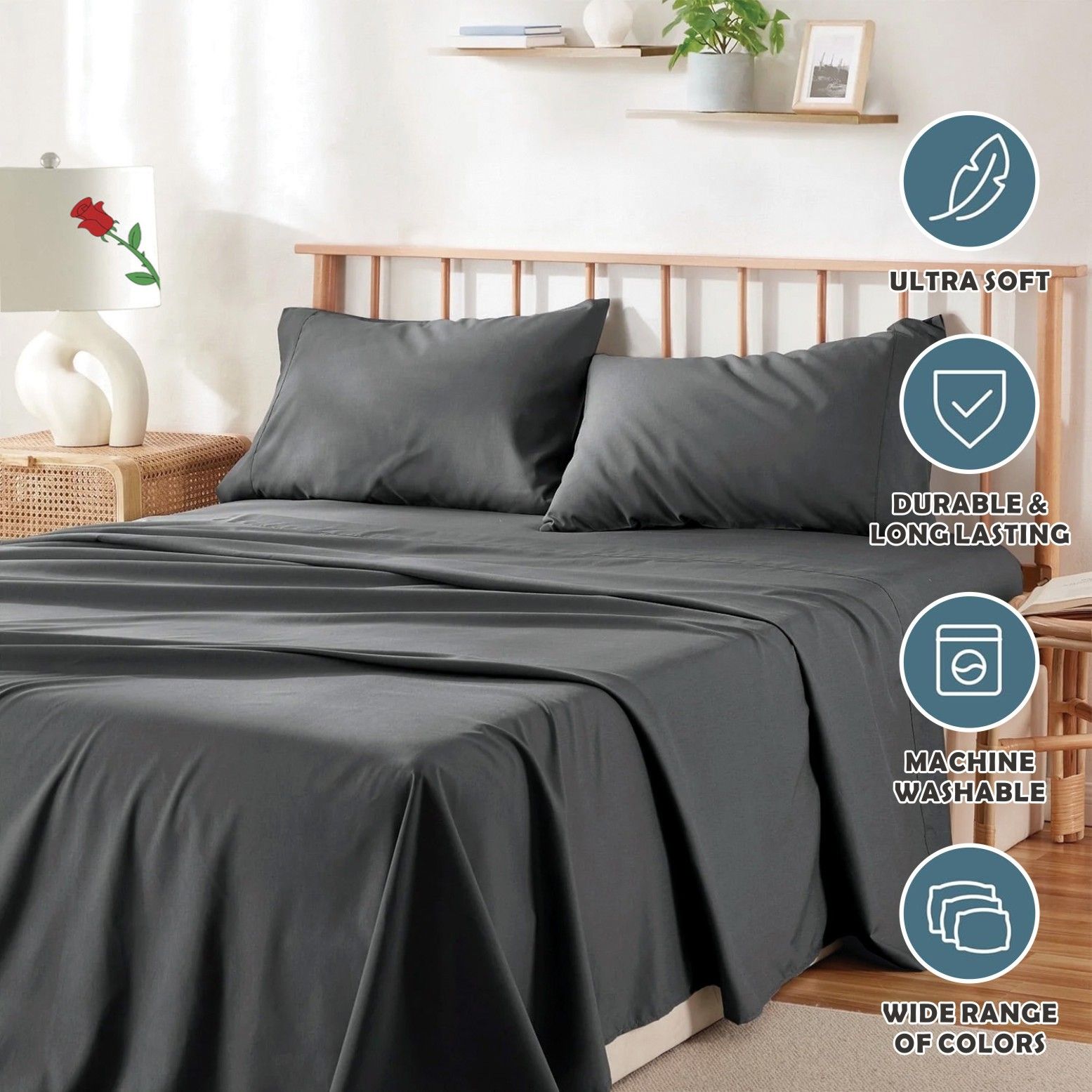 4 Piece Bed Sheet Set- Bedding Sheets & Pillowcases -Breathable Bedding - Wrinkle, Fade, Stain Resistant-Deep Pocket Flat Fitted Bed Sheet Set(Dark gray,King) - Image 6