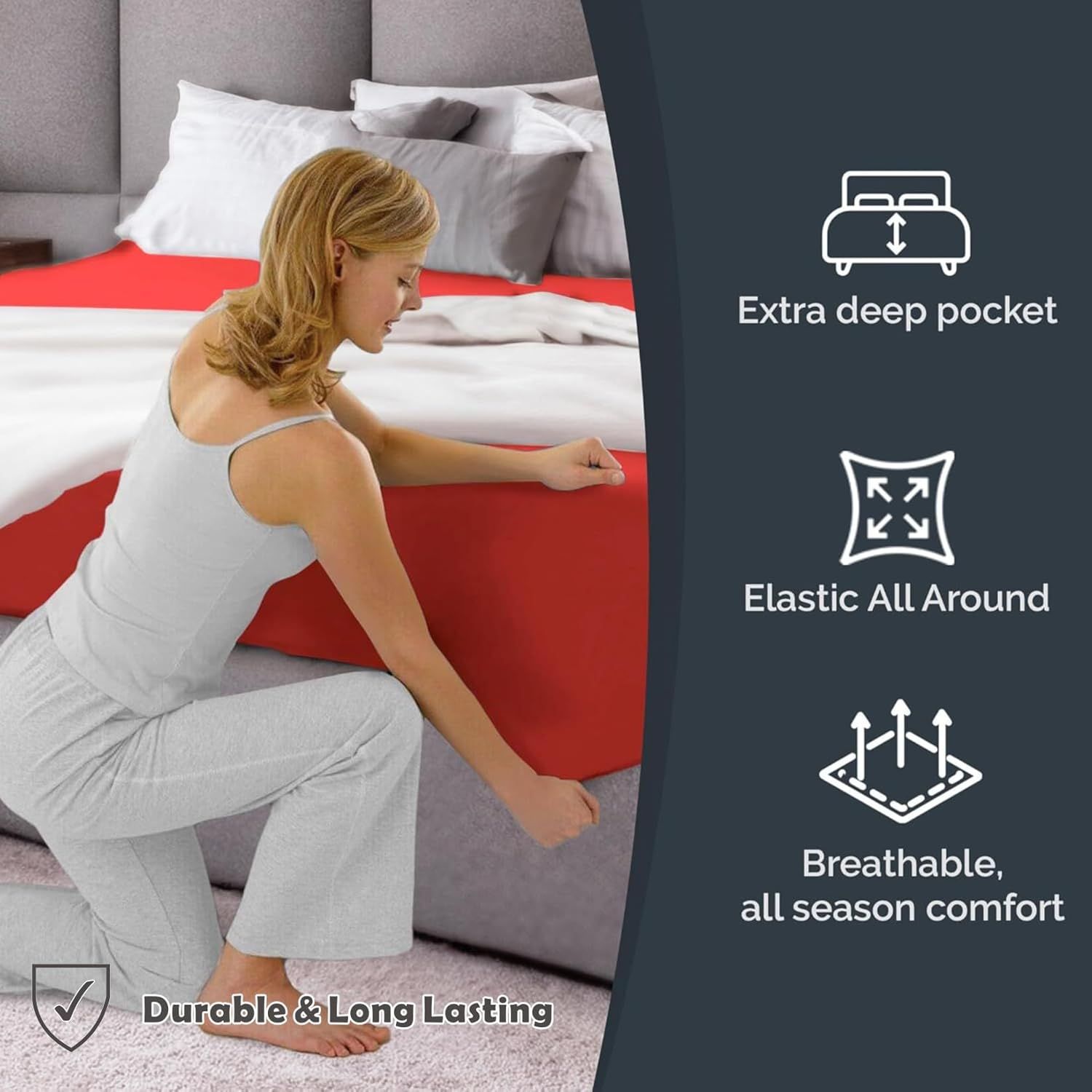 Hotel Quality Fitted Sheet - 1 Piece Fitted Sheet  -Breathable Bedding - Wrinkle, Fade, Stain Resistant- 16inch/40cm Deep Pocket Fitted Bed Sheet-Wrinkle and Fade Resistant,(Red,King) - Image 4