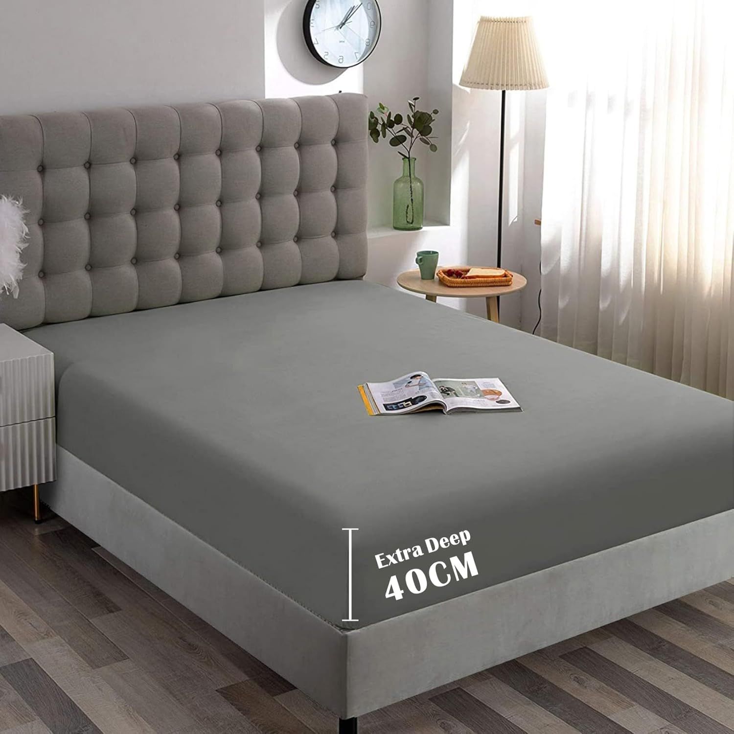 Hotel Quality Fitted Sheet - 1 Piece Fitted Sheet  -Breathable Bedding - Wrinkle, Fade, Stain Resistant- 16inch/40cm Deep Pocket Fitted Bed Sheet-Wrinkle and Fade Resistant,(Grey,King) - Image 1