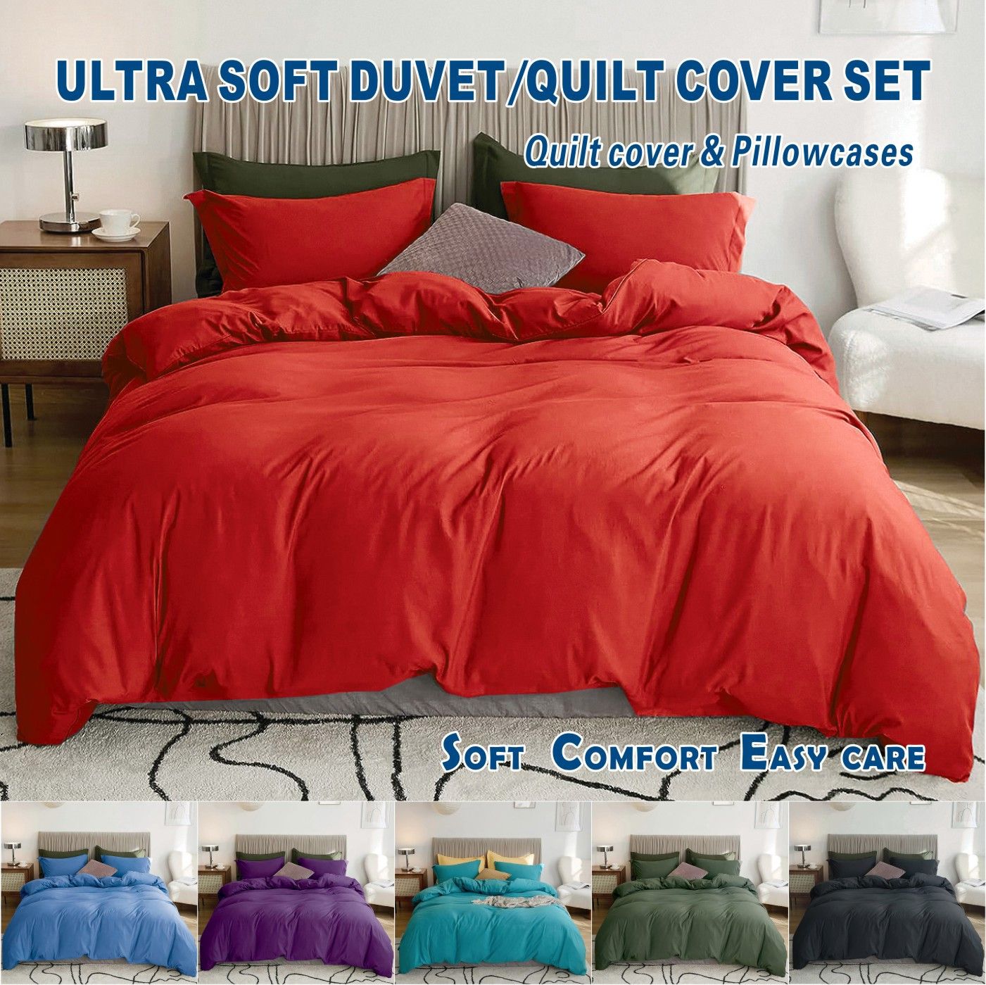 2 Piece Hotel Soft Microfiber Quilt Cover Set-2000TC Duvet/Donna Cover Set & Pillowcases -1 Quilt Cover Zipper Closure & 1 x Pillowcases-Breathable Bedding - Wrinkle, Fade, Stain Resistant(Red,King Single) - Image 1