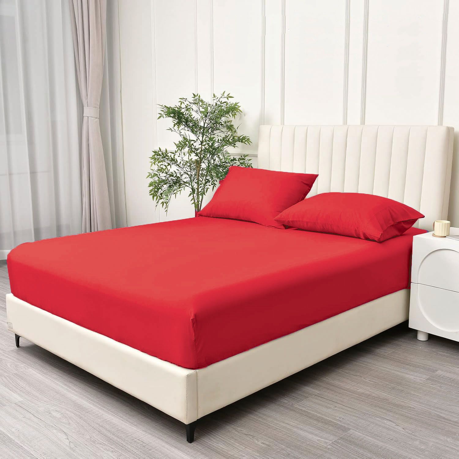 2 Piece Fitted Sheet Set- Fitted Sheet & Pillowcases -Breathable Bedding - Wrinkle, Fade, Stain Resistant- 40cm Deep Pocket Fitted Bed Sheet Set(Red,King Single) - Image 2