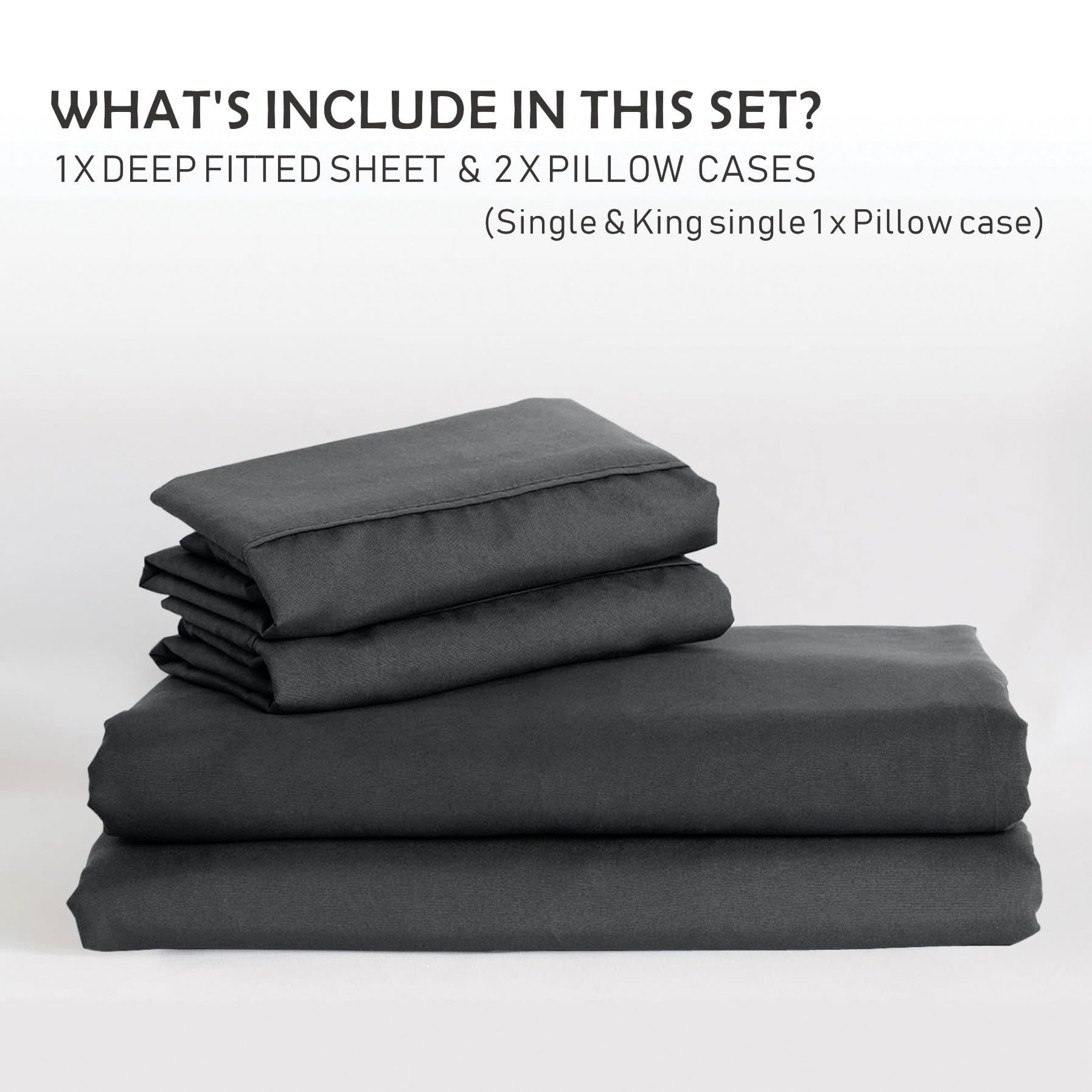 2 Piece Fitted Sheet Set- Fitted Sheet & Pillowcases -Breathable Bedding - Wrinkle, Fade, Stain Resistant- 40cm Deep Pocket Fitted Bed Sheet Set(Dark gray,King Single) - Image 7