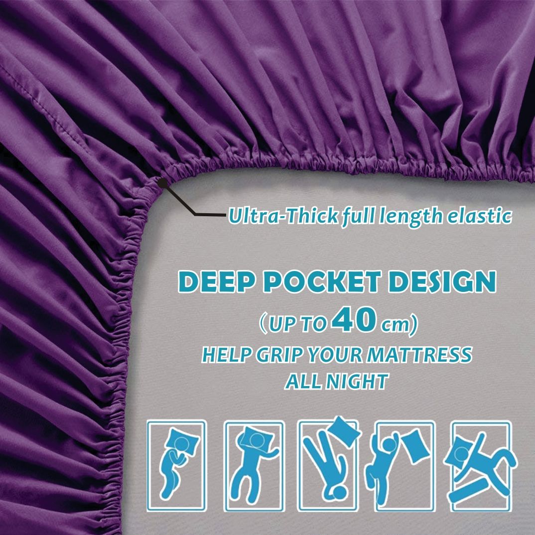 3 Piece Bed Sheet Set- Bedding Sheets & Pillowcases -Breathable Bedding - Wrinkle, Fade, Stain Resistant-Deep Pocket Flat Fitted Bed Sheet Set(Purple,King Single) - Image 2