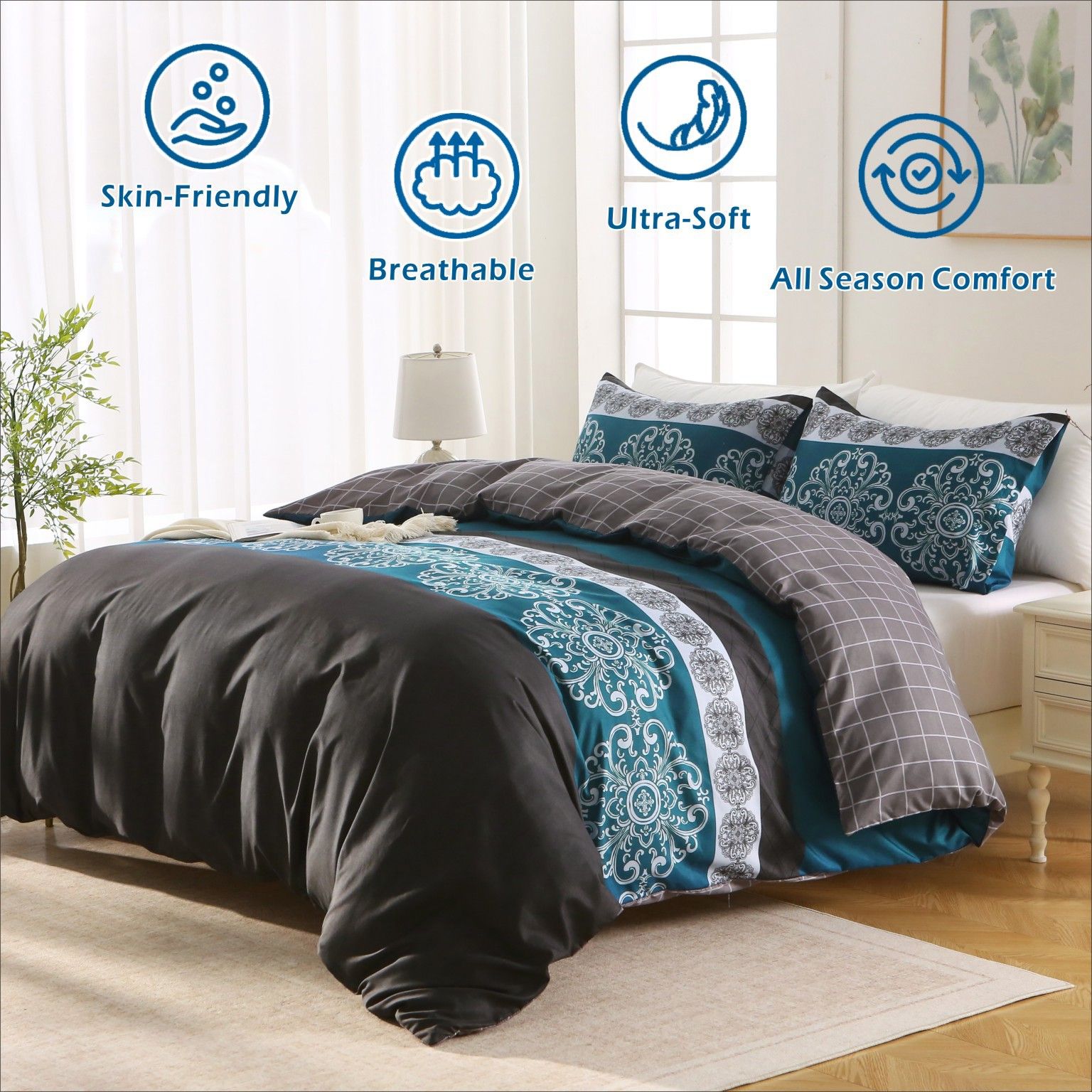 3 Piece Hotel Soft Microfiber Quilt Cover Set-2000TC Duvet/Donna Cover Set & Pillowcases -1 Quilt Cover Zipper Closure & 1 x Pillowcases-Breathable Bedding - Wrinkle, Fade, Stain Resistant(Bohemian,Queen) - Image 2