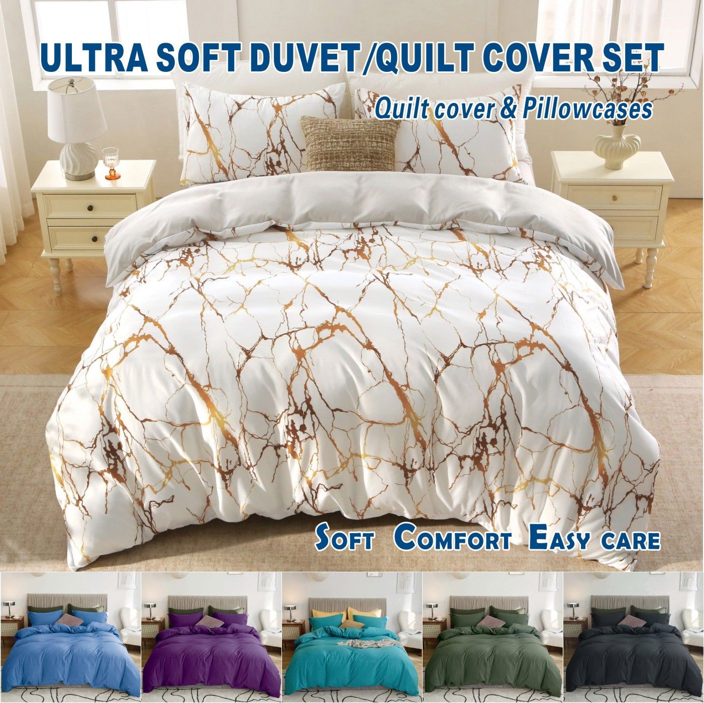 3 Piece Hotel Soft Microfiber Quilt Cover Set-2000TC Duvet/Donna Cover Set & Pillowcases -1 Quilt Cover Zipper Closure & 1 x Pillowcases-Breathable Bedding - Wrinkle, Fade, Stain Resistant(Marble Gleam,Queen) - Image 1