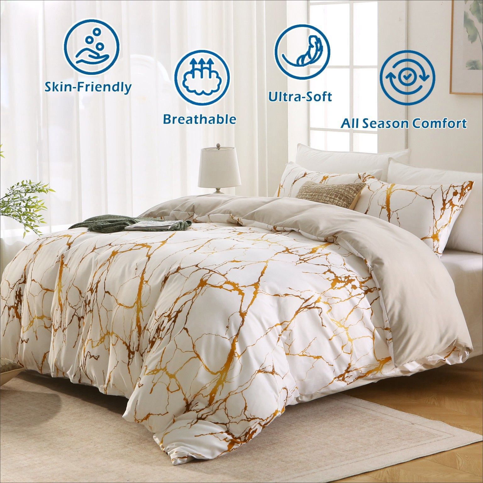 3 Piece Hotel Soft Microfiber Quilt Cover Set-2000TC Duvet/Donna Cover Set & Pillowcases -1 Quilt Cover Zipper Closure & 1 x Pillowcases-Breathable Bedding - Wrinkle, Fade, Stain Resistant(Marble Gleam,Queen) - Image 2