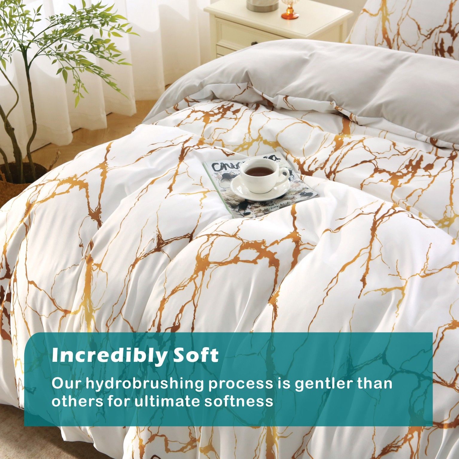 3 Piece Hotel Soft Microfiber Quilt Cover Set-2000TC Duvet/Donna Cover Set & Pillowcases -1 Quilt Cover Zipper Closure & 1 x Pillowcases-Breathable Bedding - Wrinkle, Fade, Stain Resistant(Marble Gleam,Queen) - Image 4