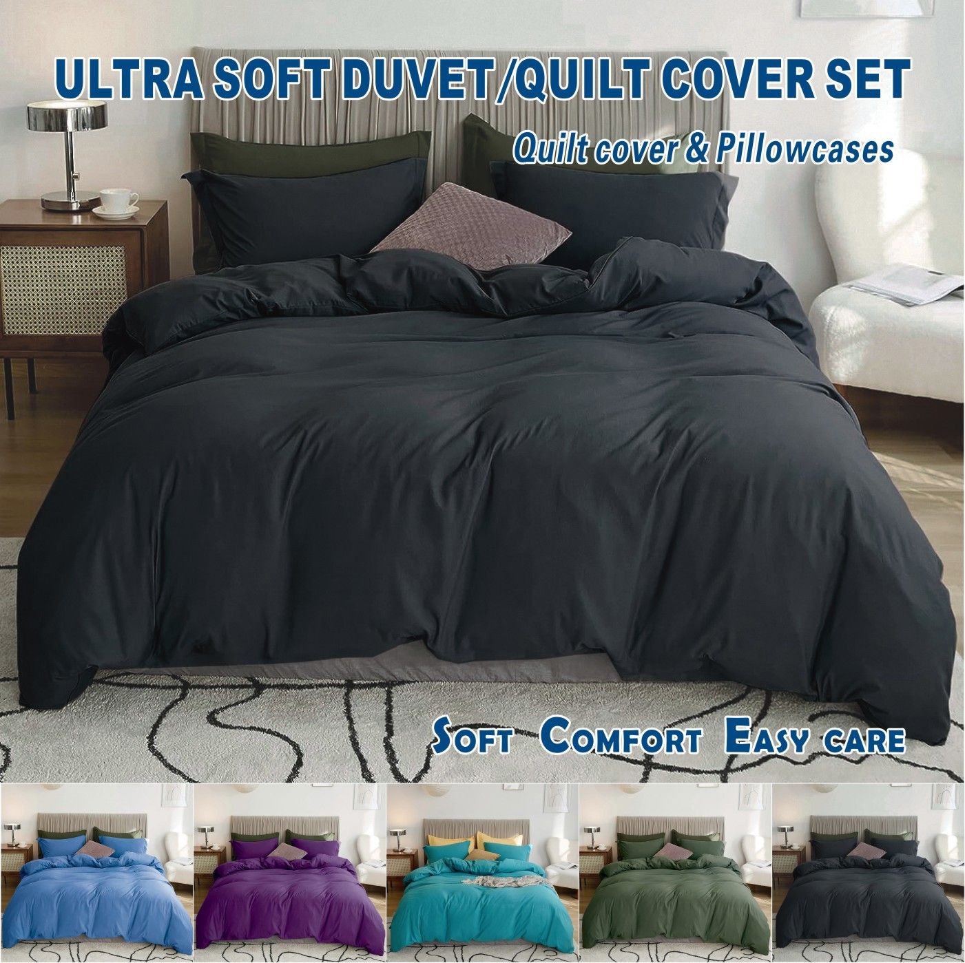 3 Piece Hotel Soft Microfiber Quilt Cover Set-2000TC Duvet/Donna Cover Set & Pillowcases -1 Quilt Cover Zipper Closure & 1 x Pillowcases-Breathable Bedding - Wrinkle, Fade, Stain Resistant(Black,Queen) - Image 1