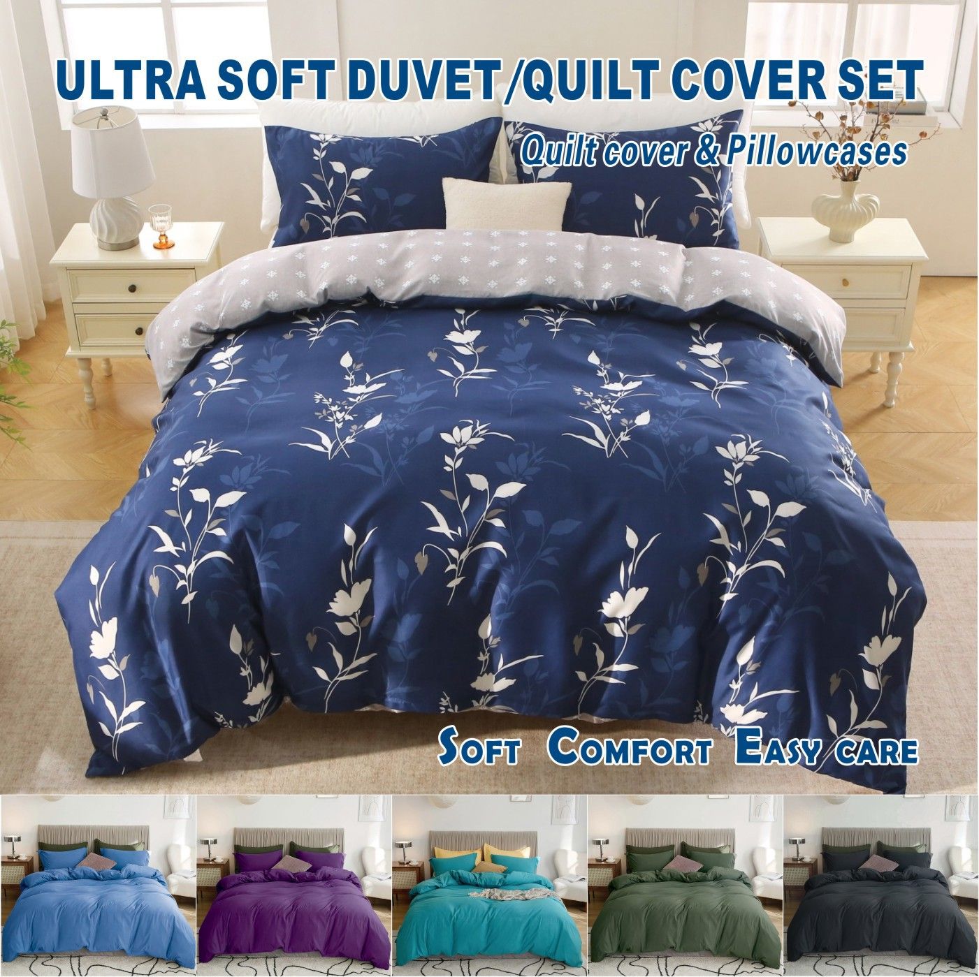 3 Piece Hotel Soft Microfiber Quilt Cover Set-2000TC Duvet/Donna Cover Set & Pillowcases -1 Quilt Cover Zipper Closure & 1 x Pillowcases-Breathable Bedding - Wrinkle, Fade, Stain Resistant(Navy Floral,Queen) - Image 1