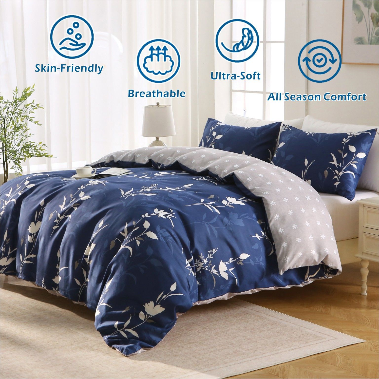 3 Piece Hotel Soft Microfiber Quilt Cover Set-2000TC Duvet/Donna Cover Set & Pillowcases -1 Quilt Cover Zipper Closure & 1 x Pillowcases-Breathable Bedding - Wrinkle, Fade, Stain Resistant(Navy Floral,Queen) - Image 2