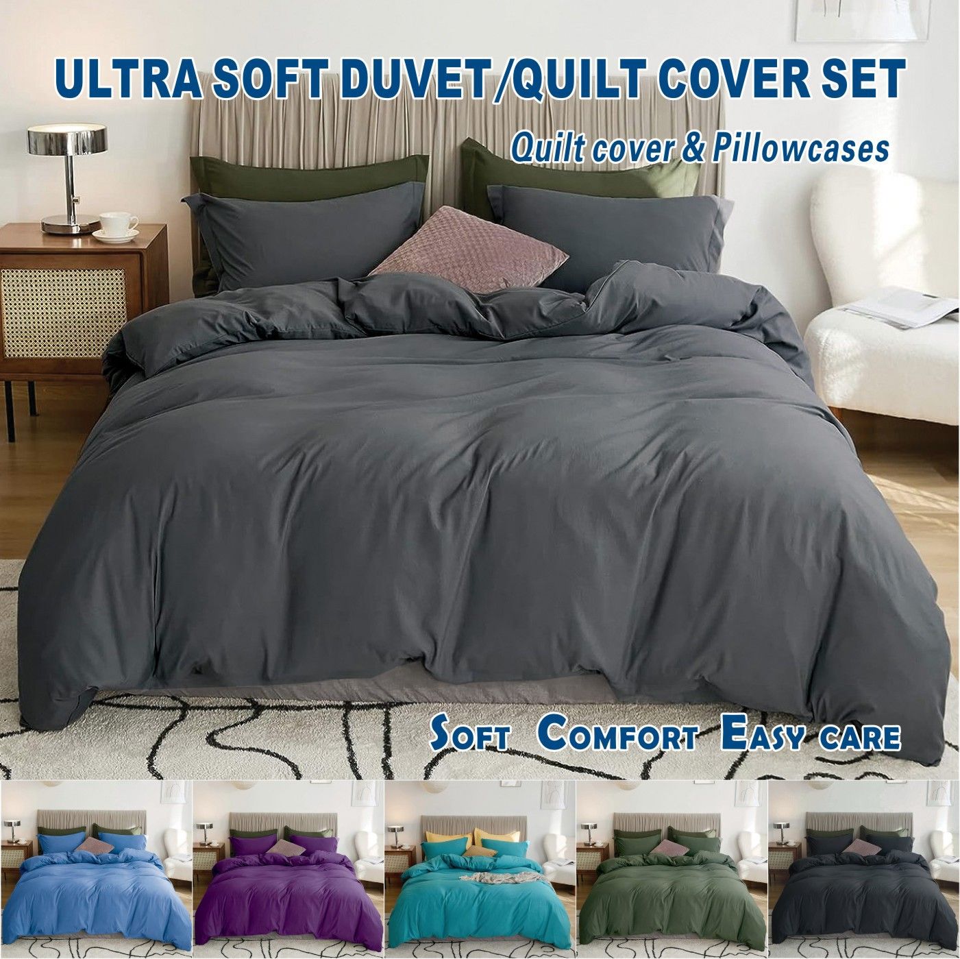 3 Piece Hotel Soft Microfiber Quilt Cover Set-2000TC Duvet/Donna Cover Set & Pillowcases -1 Quilt Cover Zipper Closure & 1 x Pillowcases-Breathable Bedding - Wrinkle, Fade, Stain Resistant(Dark gray,Queen) - Image 1