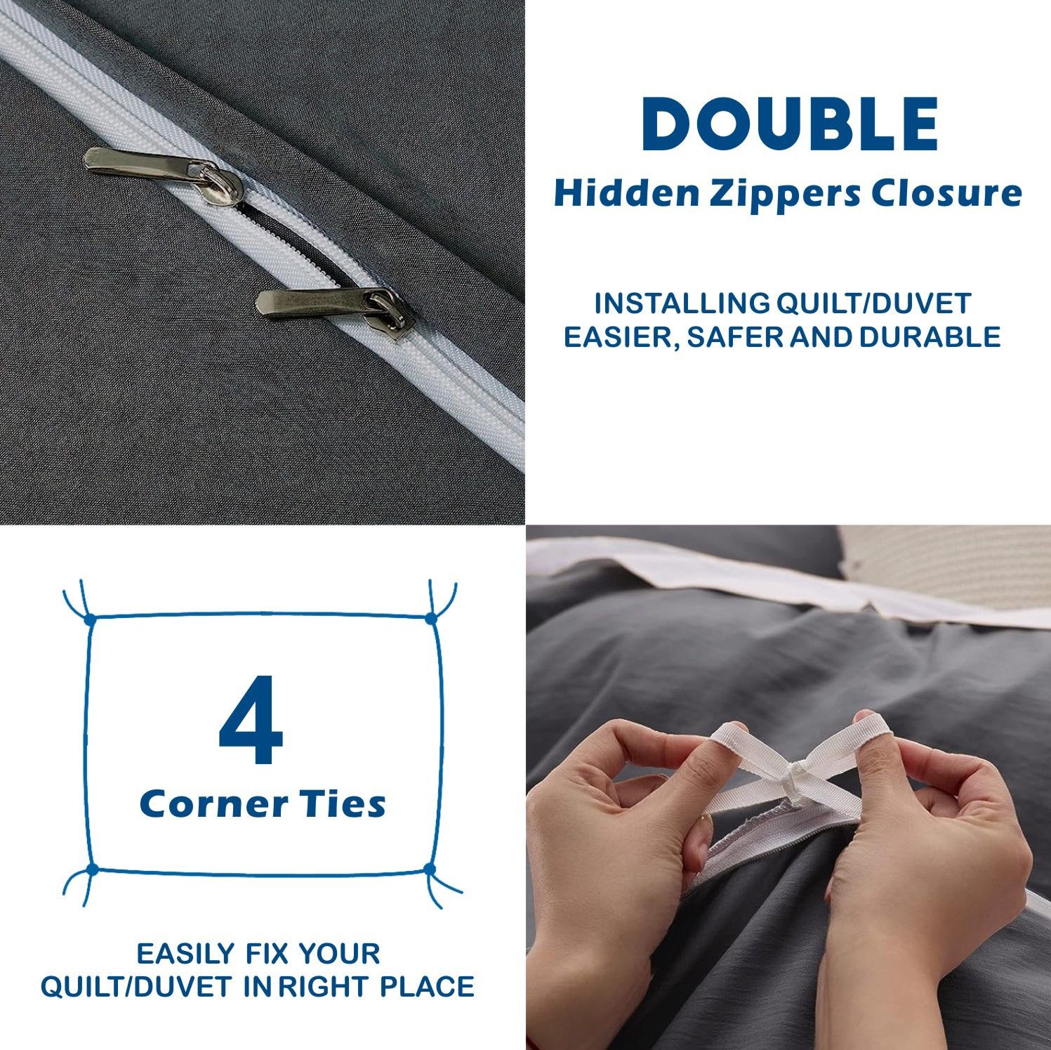 3 Piece Hotel Soft Microfiber Quilt Cover Set-2000TC Duvet/Donna Cover Set & Pillowcases -1 Quilt Cover Zipper Closure & 1 x Pillowcases-Breathable Bedding - Wrinkle, Fade, Stain Resistant(Dark gray,Queen) - Image 3