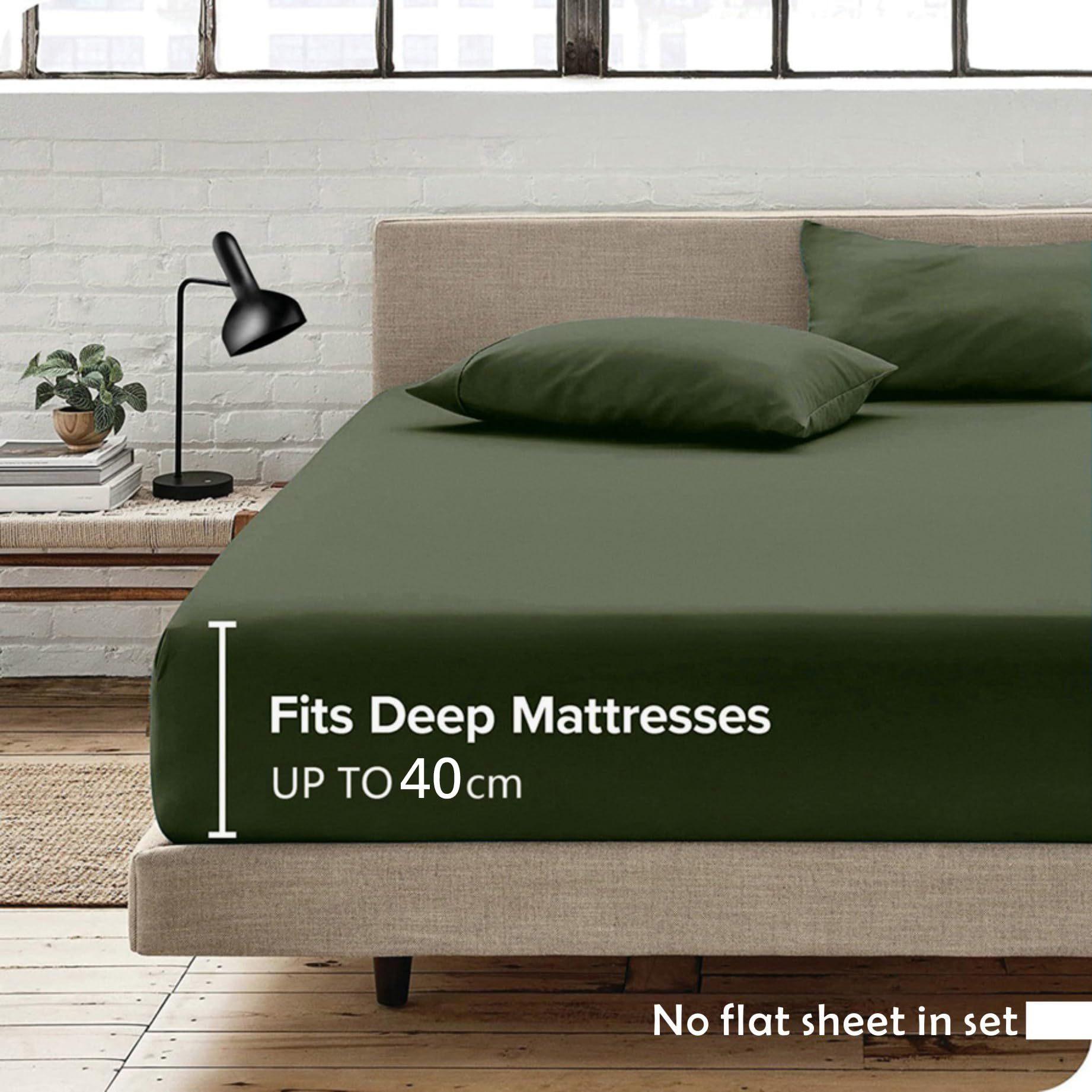 3 Piece Fitted Sheet Set- Fitted Sheet & Pillowcases -Breathable Bedding - Wrinkle, Fade, Stain Resistant- 40cm Deep Pocket Fitted Bed Sheet Set(Olive green,Queen) - Image 1