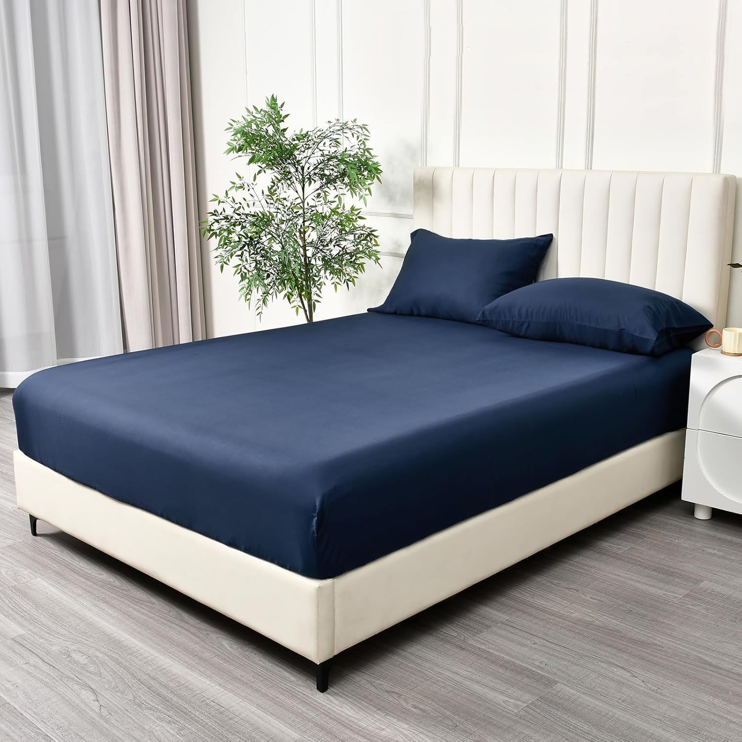3 Piece Fitted Sheet Set- Fitted Sheet & Pillowcases -Breathable Bedding - Wrinkle, Fade, Stain Resistant- 40cm Deep Pocket Fitted Bed Sheet Set(Navy,Queen) - Image 2