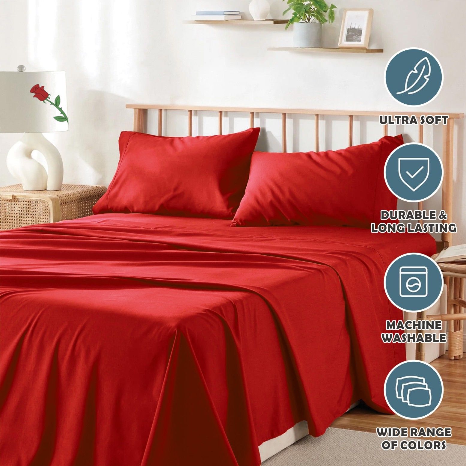 4 Piece Bed Sheet Set- Bedding Sheets & Pillowcases -Breathable Bedding - Wrinkle, Fade, Stain Resistant-Deep Pocket Flat Fitted Bed Sheet Set(Red,Queen) - Image 4