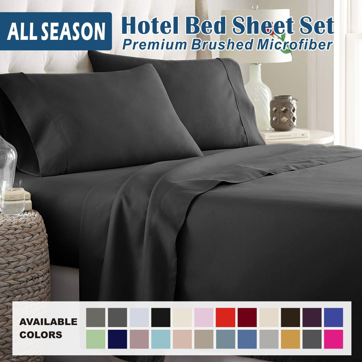 4 Piece Bed Sheet Set- Bedding Sheets & Pillowcases -Breathable Bedding - Wrinkle, Fade, Stain Resistant-Deep Pocket Flat Fitted Bed Sheet Set(Black,Queen) - Image 1