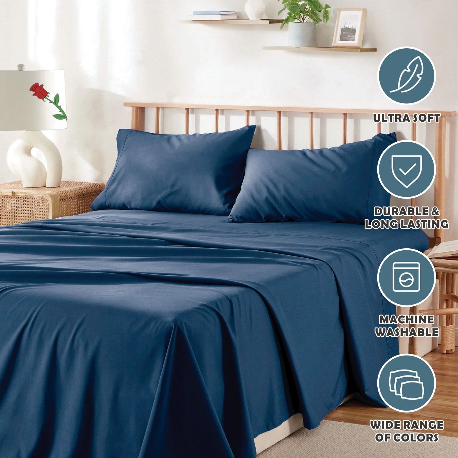 4 Piece Bed Sheet Set- Bedding Sheets & Pillowcases -Breathable Bedding - Wrinkle, Fade, Stain Resistant-Deep Pocket Flat Fitted Bed Sheet Set(Navy,Queen) - Image 6