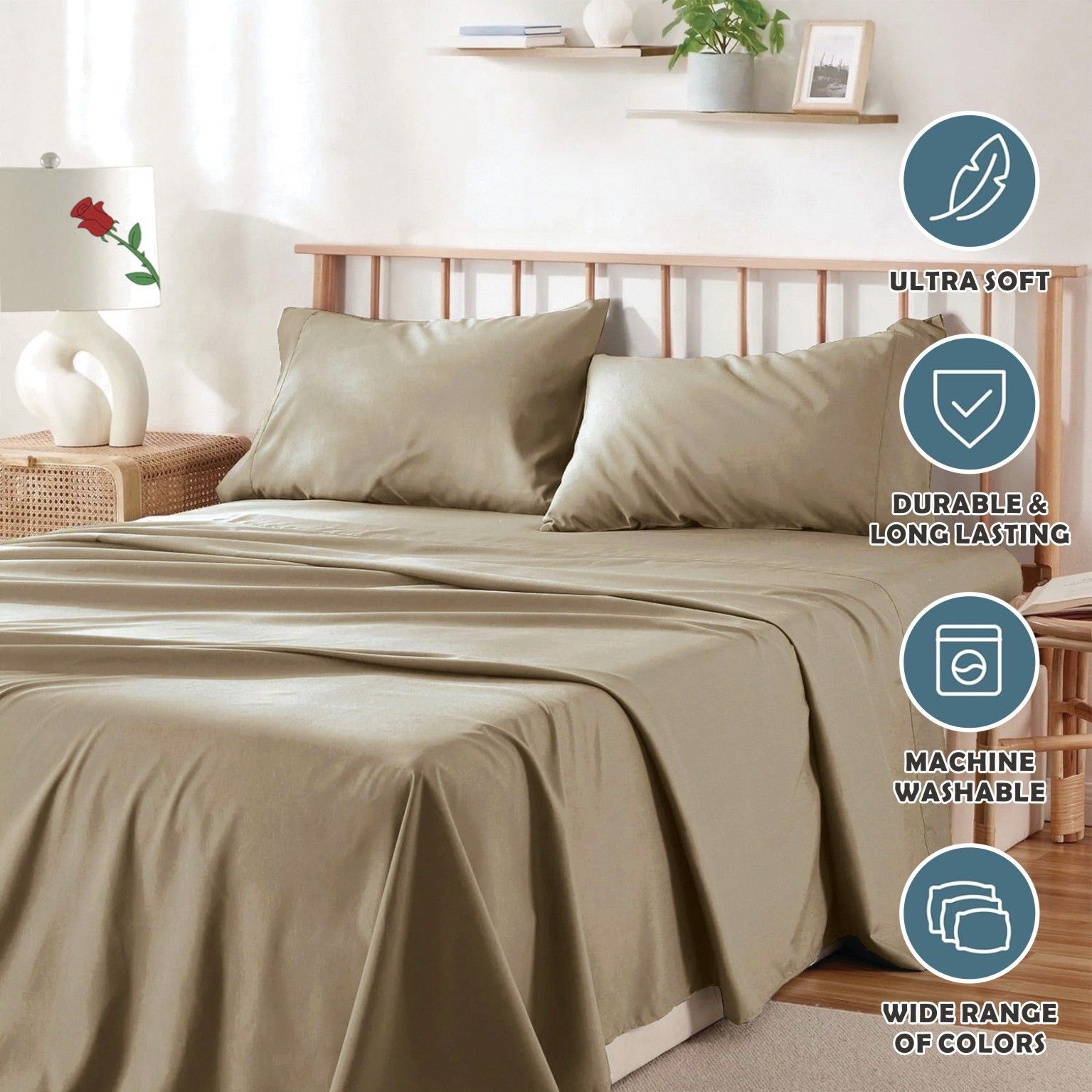 4 Piece Bed Sheet Set- Bedding Sheets & Pillowcases -Breathable Bedding - Wrinkle, Fade, Stain Resistant-Deep Pocket Flat Fitted Bed Sheet Set(Camel Beige,Queen) - Image 6