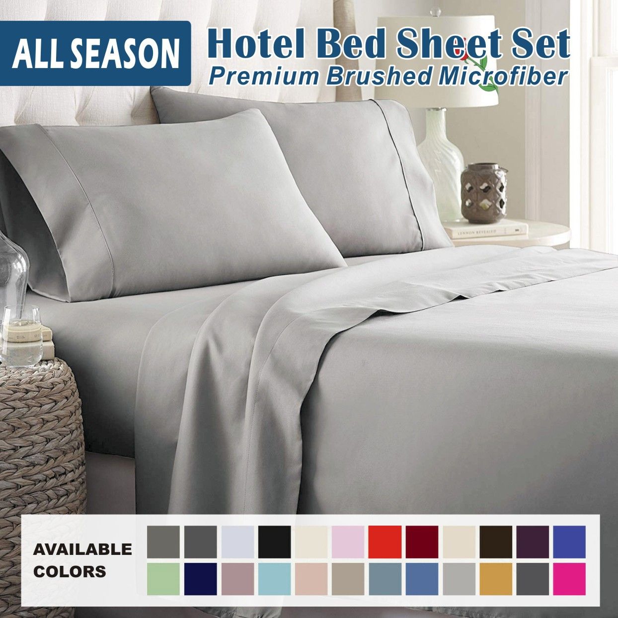4 Piece Bed Sheet Set- Bedding Sheets & Pillowcases -Breathable Bedding - Wrinkle, Fade, Stain Resistant-Deep Pocket Flat Fitted Bed Sheet Set(Silver-gray,Queen) - Image 1
