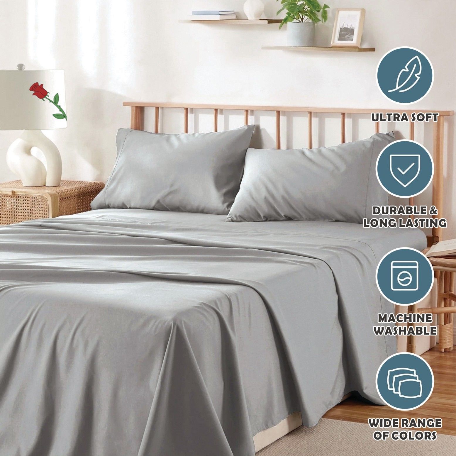 4 Piece Bed Sheet Set- Bedding Sheets & Pillowcases -Breathable Bedding - Wrinkle, Fade, Stain Resistant-Deep Pocket Flat Fitted Bed Sheet Set(Silver-gray,Queen) - Image 6