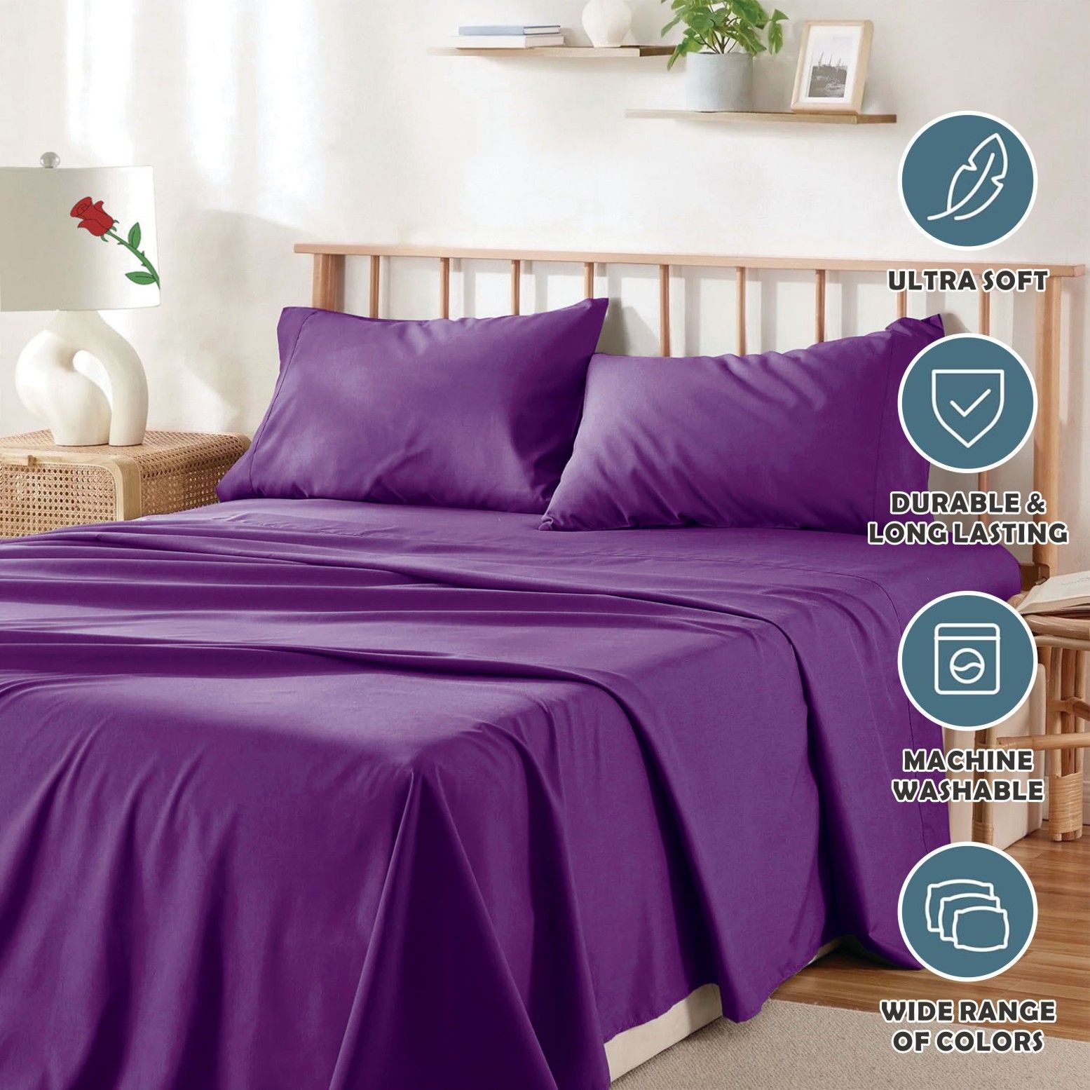 4 Piece Bed Sheet Set- Bedding Sheets & Pillowcases -Breathable Bedding - Wrinkle, Fade, Stain Resistant-Deep Pocket Flat Fitted Bed Sheet Set(Purple,Queen) - Image 6